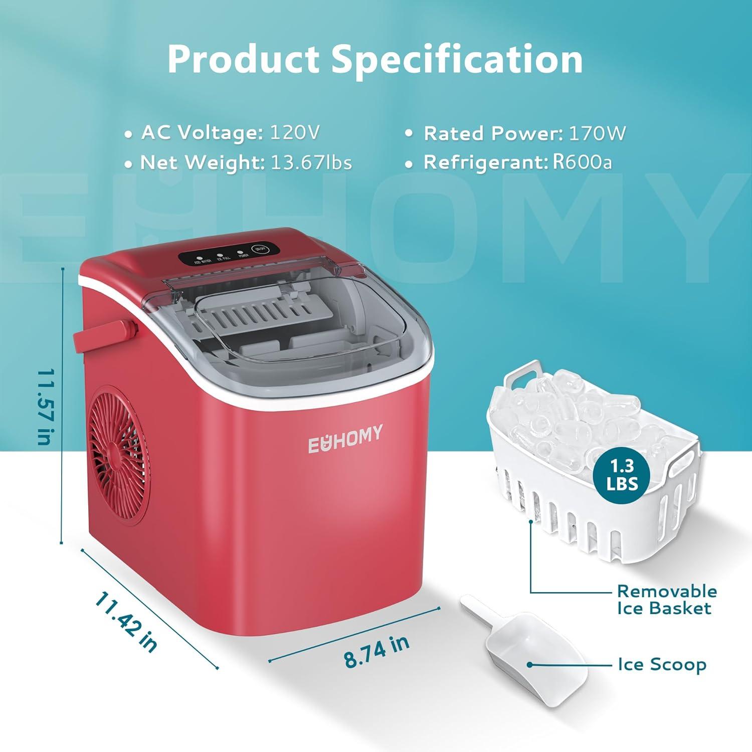 imageEUHOMY Countertop Ice Maker Machine with Handle 26lbs in 24Hrs 9 Ice Cubes Ready in 6 Mins AutoCleaning Portable Ice Maker with Basket and Scoop for HomeKitchenCampingRV BlackRed