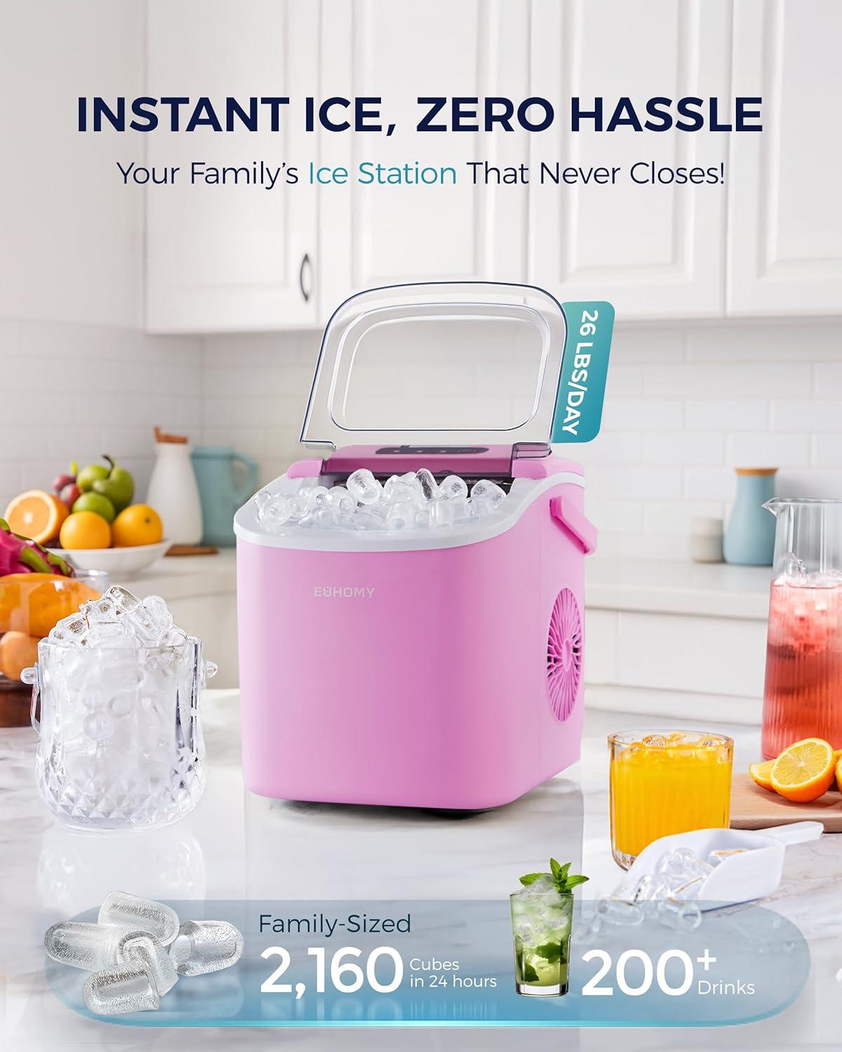 imageEUHOMY Countertop Ice Maker Machine with Handle 26lbs in 24Hrs 9 Ice Cubes Ready in 6 Mins AutoCleaning Portable Ice Maker with Basket and Scoop for HomeKitchenCampingRV BlackPink