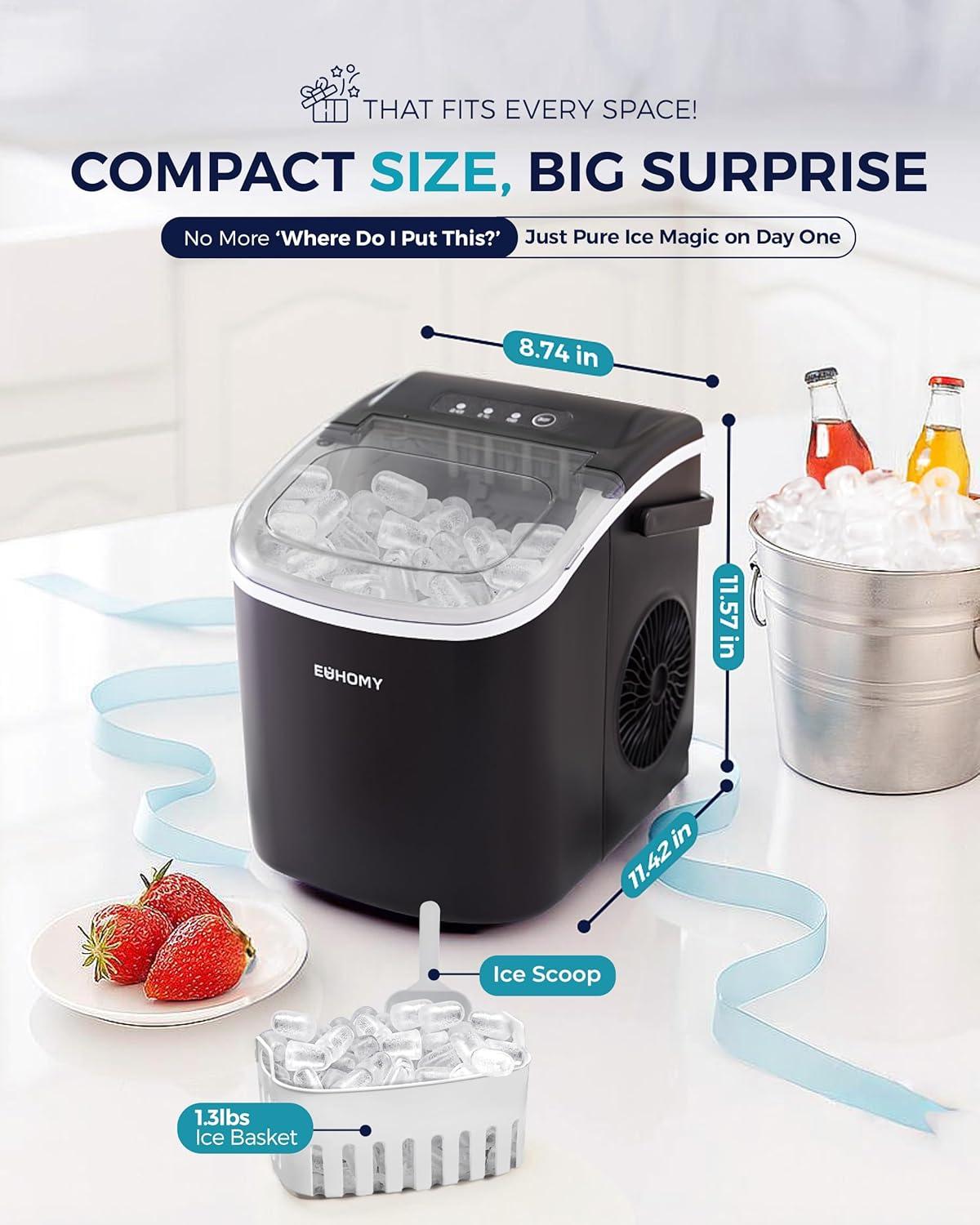 imageEUHOMY Countertop Ice Maker Machine with Handle 26lbs in 24Hrs 9 Ice Cubes Ready in 6 Mins AutoCleaning Portable Ice Maker with Basket and Scoop for HomeKitchenCampingRV BlackBlack