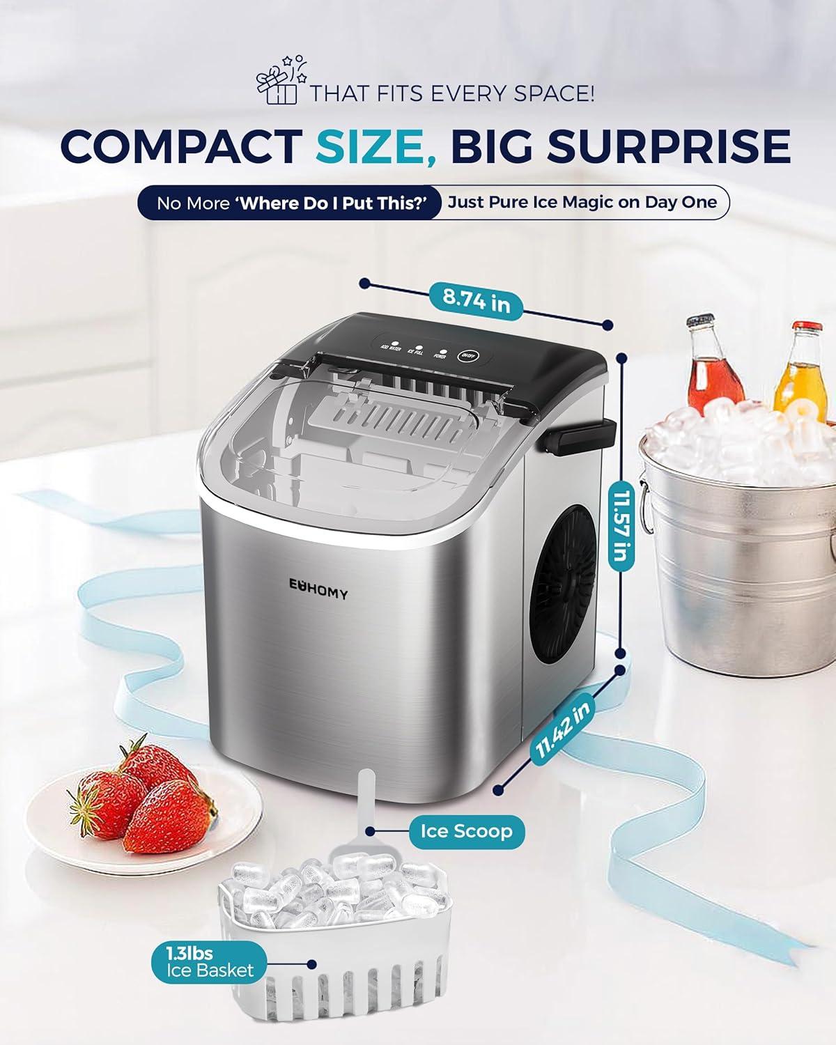 imageEUHOMY Countertop Ice Maker Machine with Handle 26lbs in 24Hrs 9 Ice Cubes Ready in 6 Mins AutoCleaning Portable Ice Maker with Basket and Scoop for HomeKitchenCampingRV BlackLight Grey