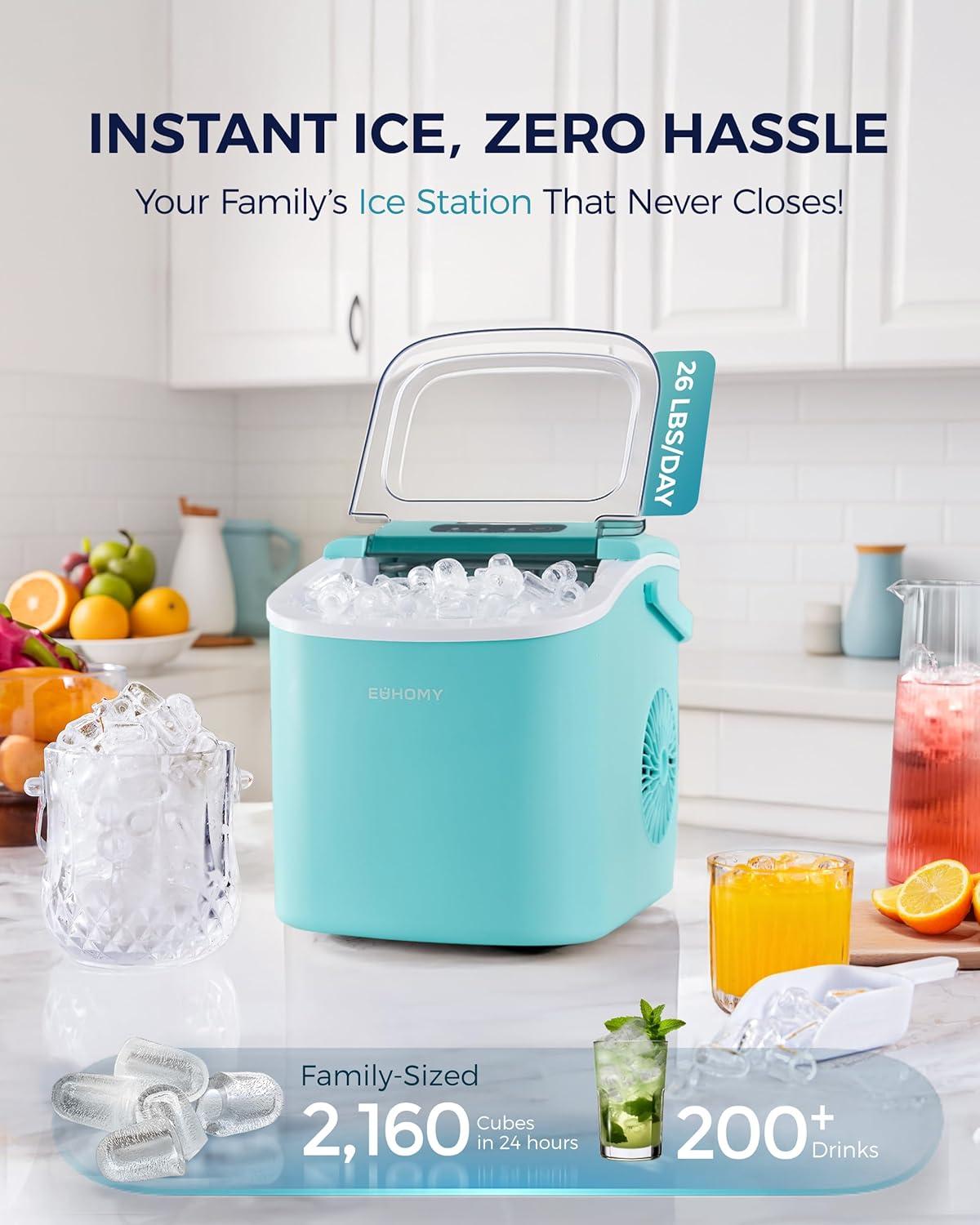 imageEUHOMY Countertop Ice Maker Machine with Handle 26lbs in 24Hrs 9 Ice Cubes Ready in 6 Mins AutoCleaning Portable Ice Maker with Basket and Scoop for HomeKitchenCampingRV BlackGreen