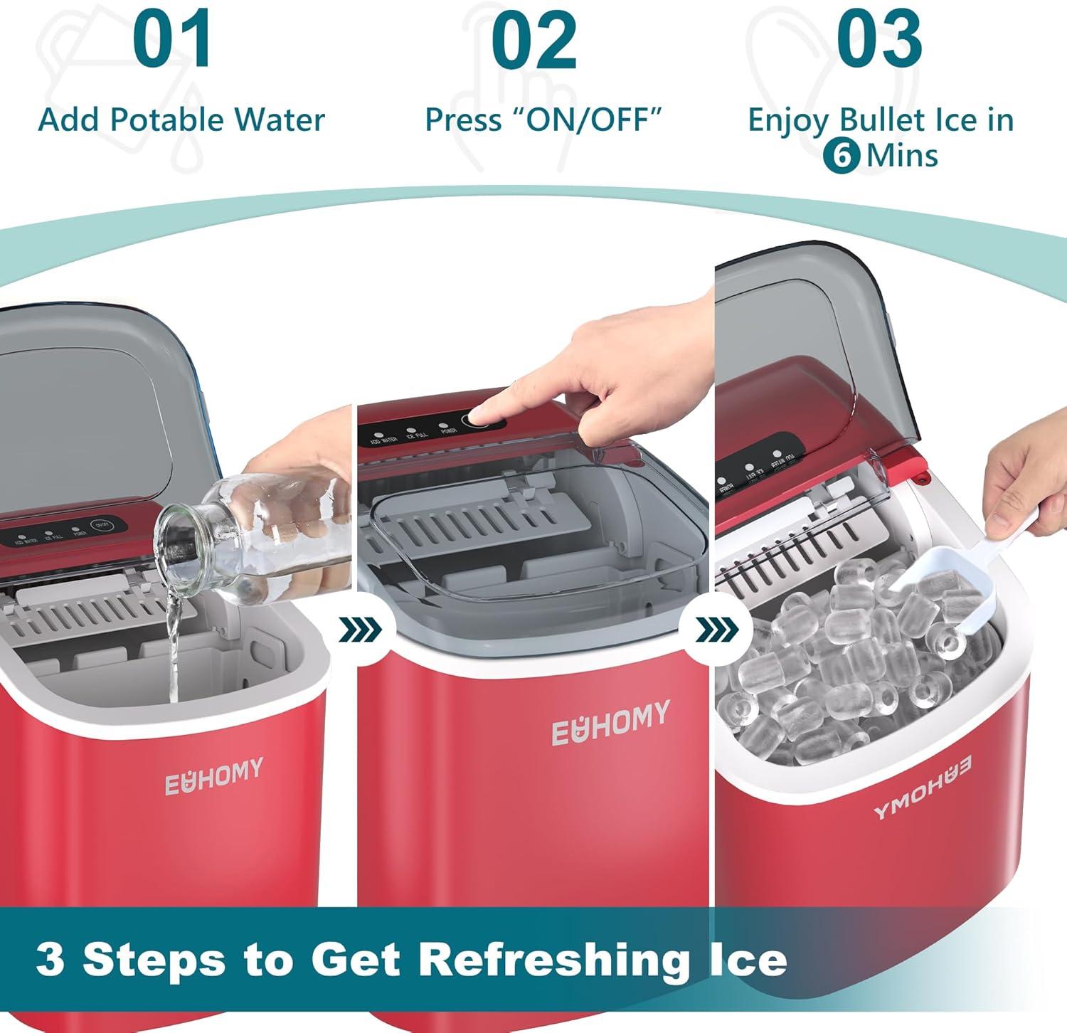 imageEUHOMY Countertop Ice Maker Machine with Handle 26lbs in 24Hrs 9 Ice Cubes Ready in 6 Mins AutoCleaning Portable Ice Maker with Basket and Scoop for HomeKitchenCampingRV BlackRed