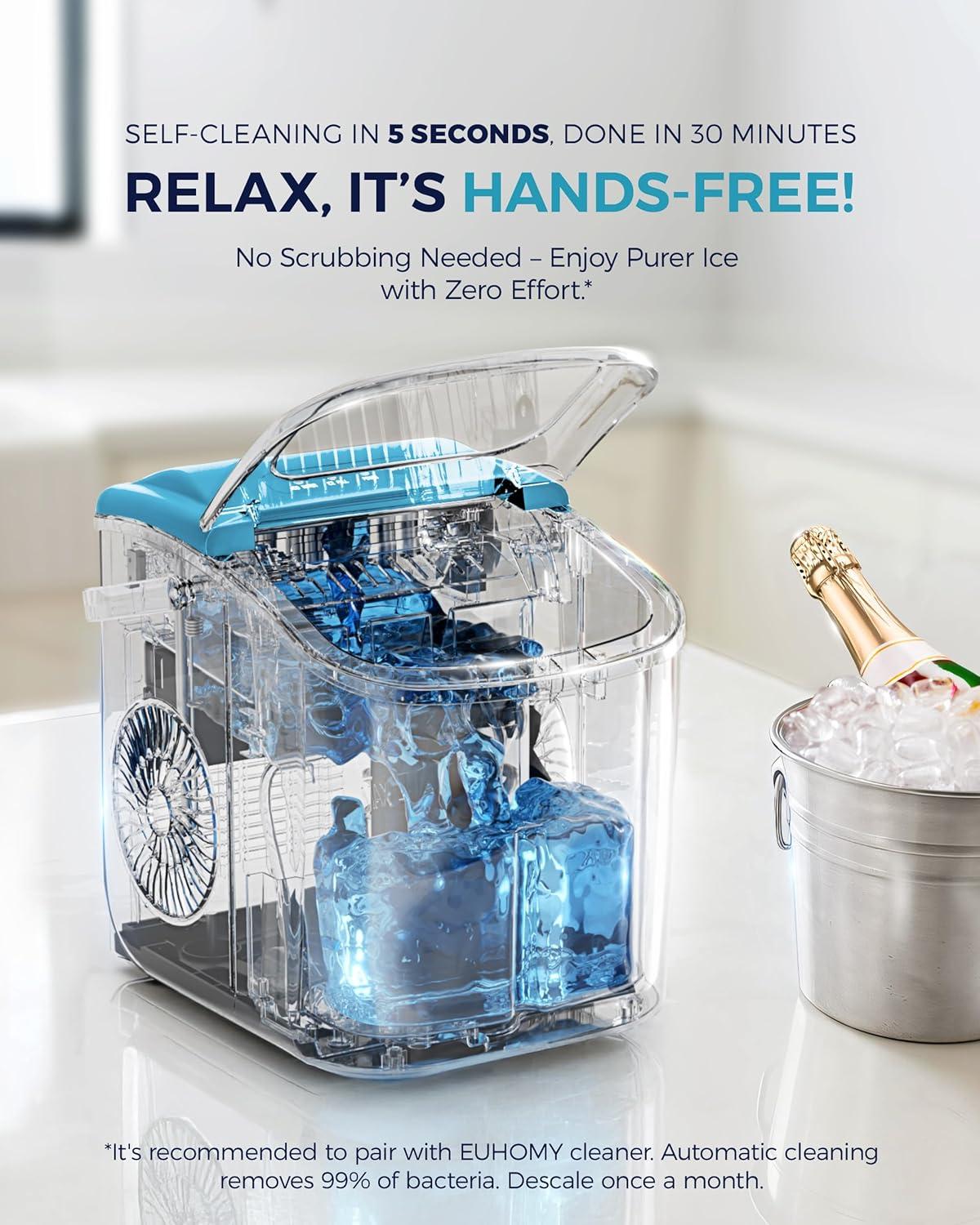 imageEUHOMY Countertop Ice Maker Machine with Handle 26lbs in 24Hrs 9 Ice Cubes Ready in 6 Mins AutoCleaning Portable Ice Maker with Basket and Scoop for HomeKitchenCampingRV BlackBlue