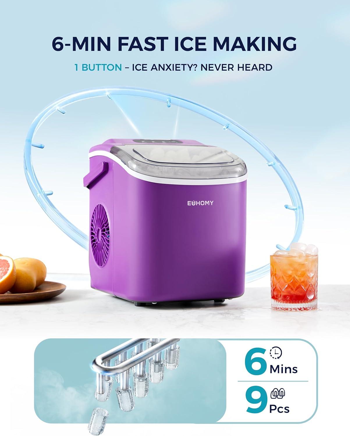 imageEUHOMY Countertop Ice Maker Machine with Handle 26lbs in 24Hrs 9 Ice Cubes Ready in 6 Mins AutoCleaning Portable Ice Maker with Basket and Scoop for HomeKitchenCampingRV BlackPurple