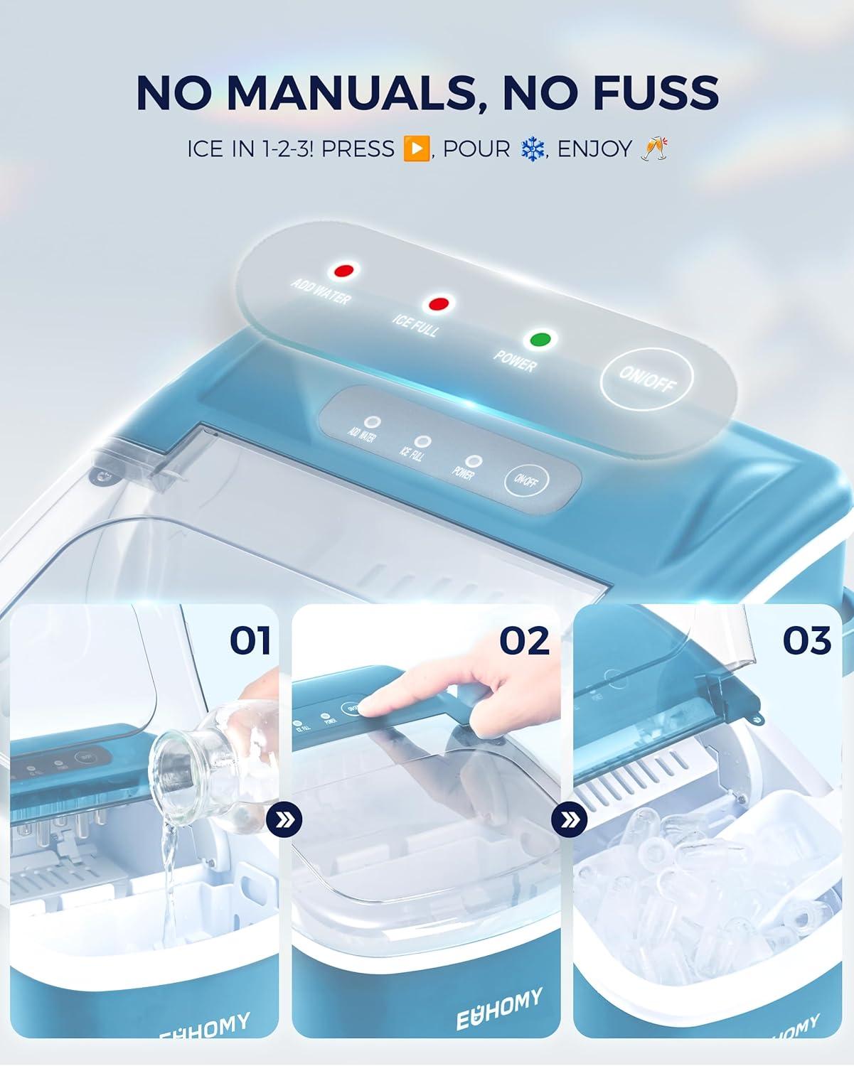 imageEUHOMY Countertop Ice Maker Machine with Handle 26lbs in 24Hrs 9 Ice Cubes Ready in 6 Mins AutoCleaning Portable Ice Maker with Basket and Scoop for HomeKitchenCampingRV BlackBlue
