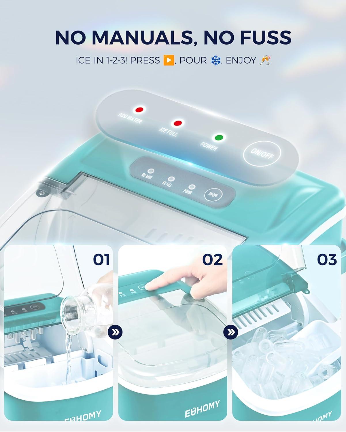 imageEUHOMY Countertop Ice Maker Machine with Handle 26lbs in 24Hrs 9 Ice Cubes Ready in 6 Mins AutoCleaning Portable Ice Maker with Basket and Scoop for HomeKitchenCampingRV BlackGreen