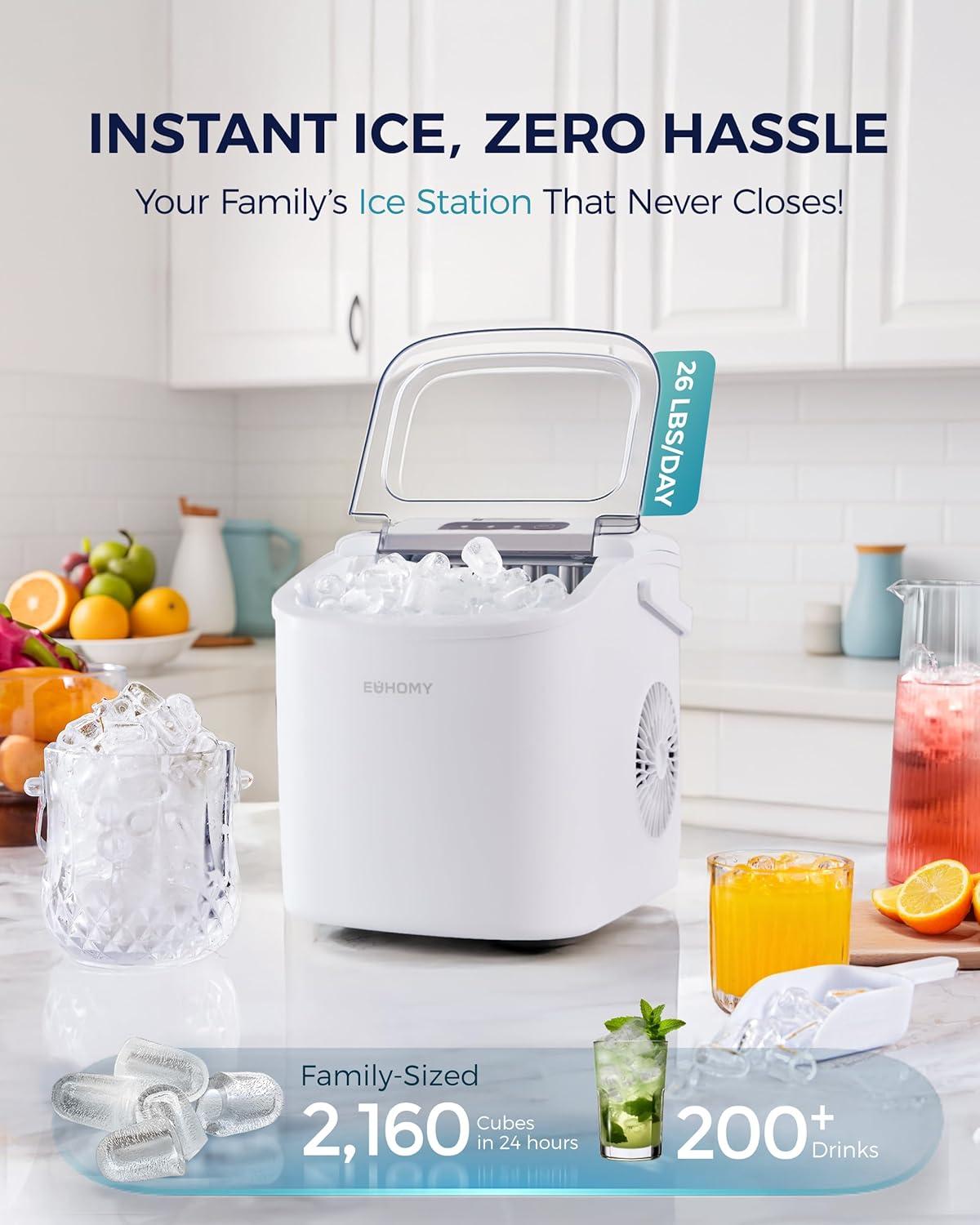 imageEUHOMY Countertop Ice Maker Machine with Handle 26lbs in 24Hrs 9 Ice Cubes Ready in 6 Mins AutoCleaning Portable Ice Maker with Basket and Scoop for HomeKitchenCampingRV BlackWhite