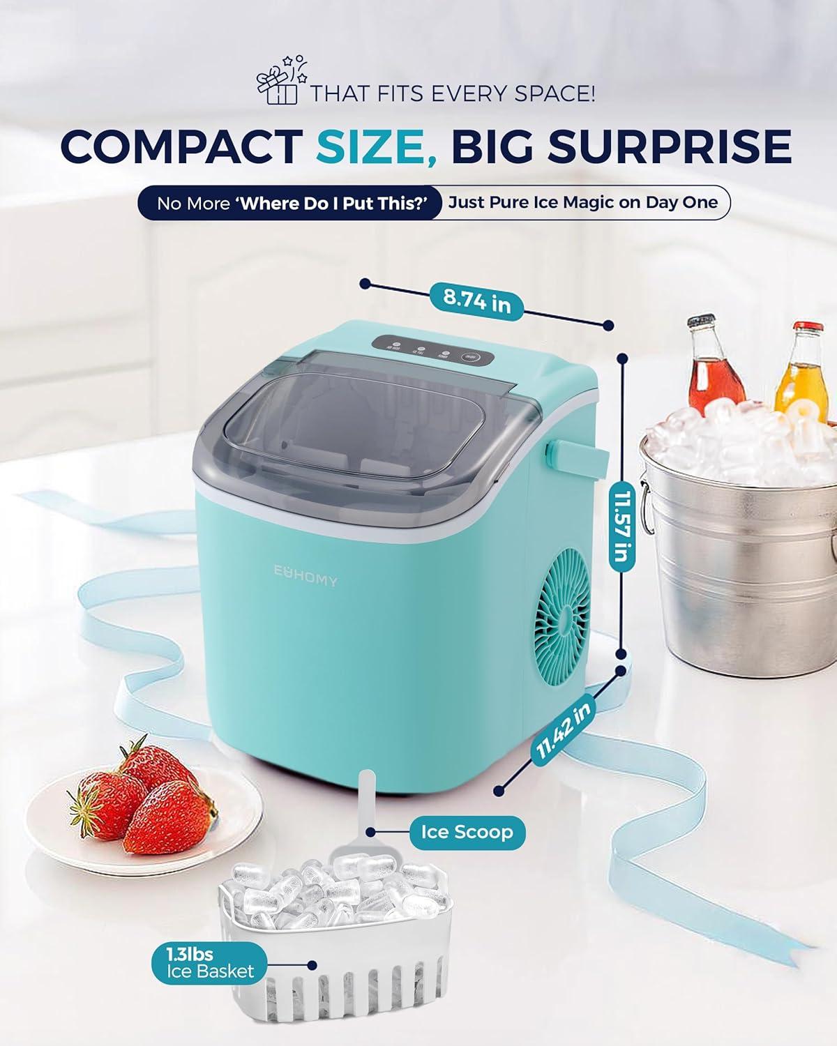imageEUHOMY Countertop Ice Maker Machine with Handle 26lbs in 24Hrs 9 Ice Cubes Ready in 6 Mins AutoCleaning Portable Ice Maker with Basket and Scoop for HomeKitchenCampingRV BlackGreen