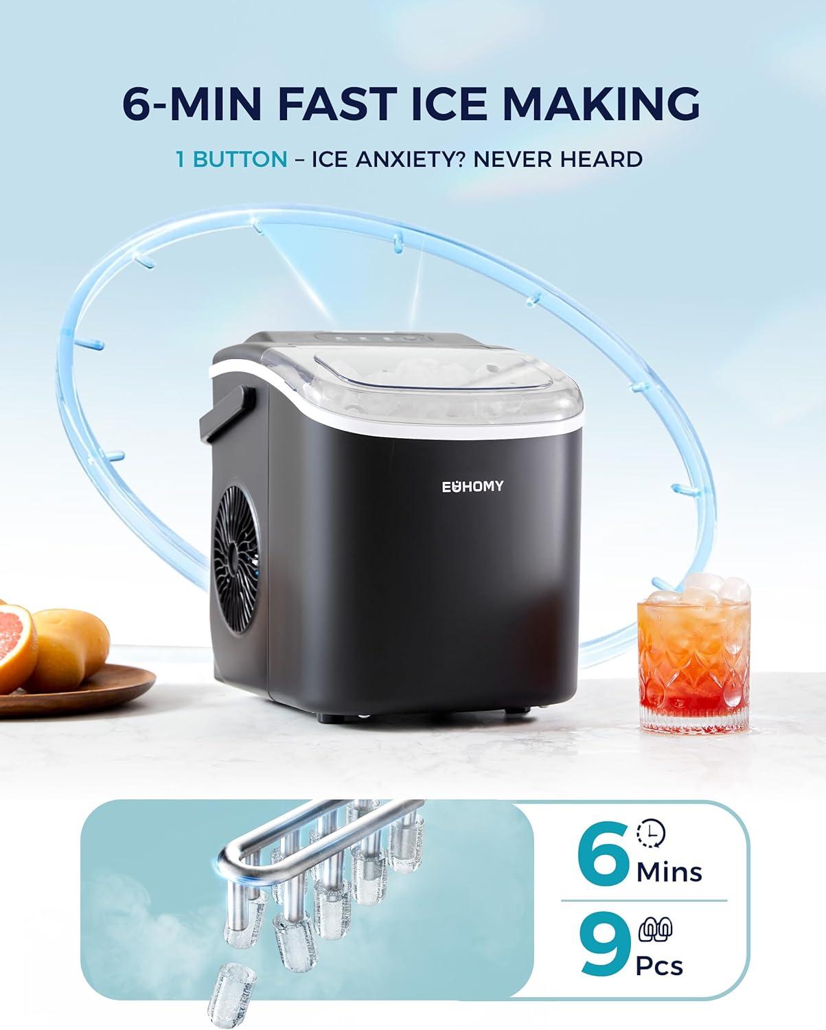imageEUHOMY Countertop Ice Maker Machine with Handle 26lbs in 24Hrs 9 Ice Cubes Ready in 6 Mins AutoCleaning Portable Ice Maker with Basket and Scoop for HomeKitchenCampingRV BlackBlack