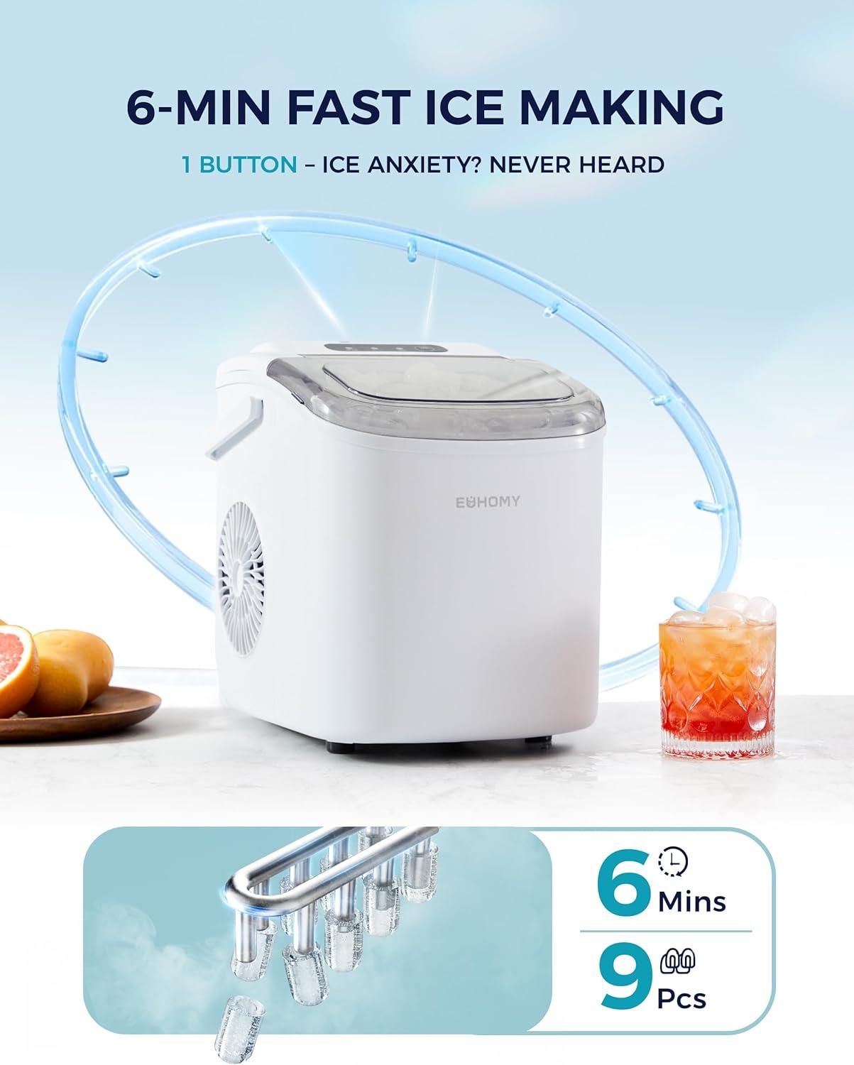 imageEUHOMY Countertop Ice Maker Machine with Handle 26lbs in 24Hrs 9 Ice Cubes Ready in 6 Mins AutoCleaning Portable Ice Maker with Basket and Scoop for HomeKitchenCampingRV BlackWhite