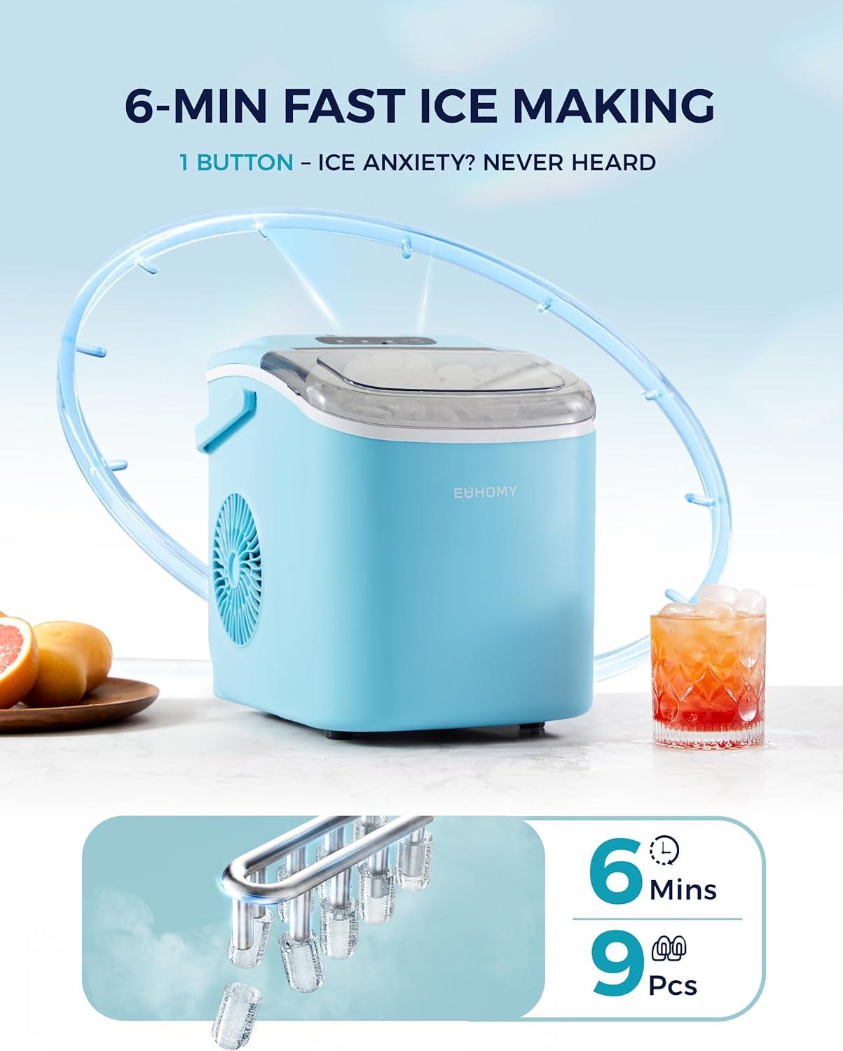 imageEUHOMY Countertop Ice Maker Machine with Handle 26lbs in 24Hrs 9 Ice Cubes Ready in 6 Mins AutoCleaning Portable Ice Maker with Basket and Scoop for HomeKitchenCampingRV BlackBlue