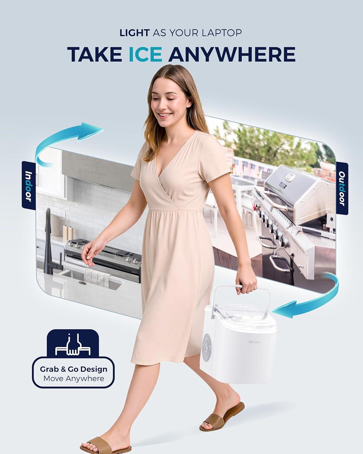 imageEUHOMY Countertop Ice Maker Machine with Handle 26lbs in 24Hrs 9 Ice Cubes Ready in 6 Mins AutoCleaning Portable Ice Maker with Basket and Scoop for HomeKitchenCampingRV BlackWhite