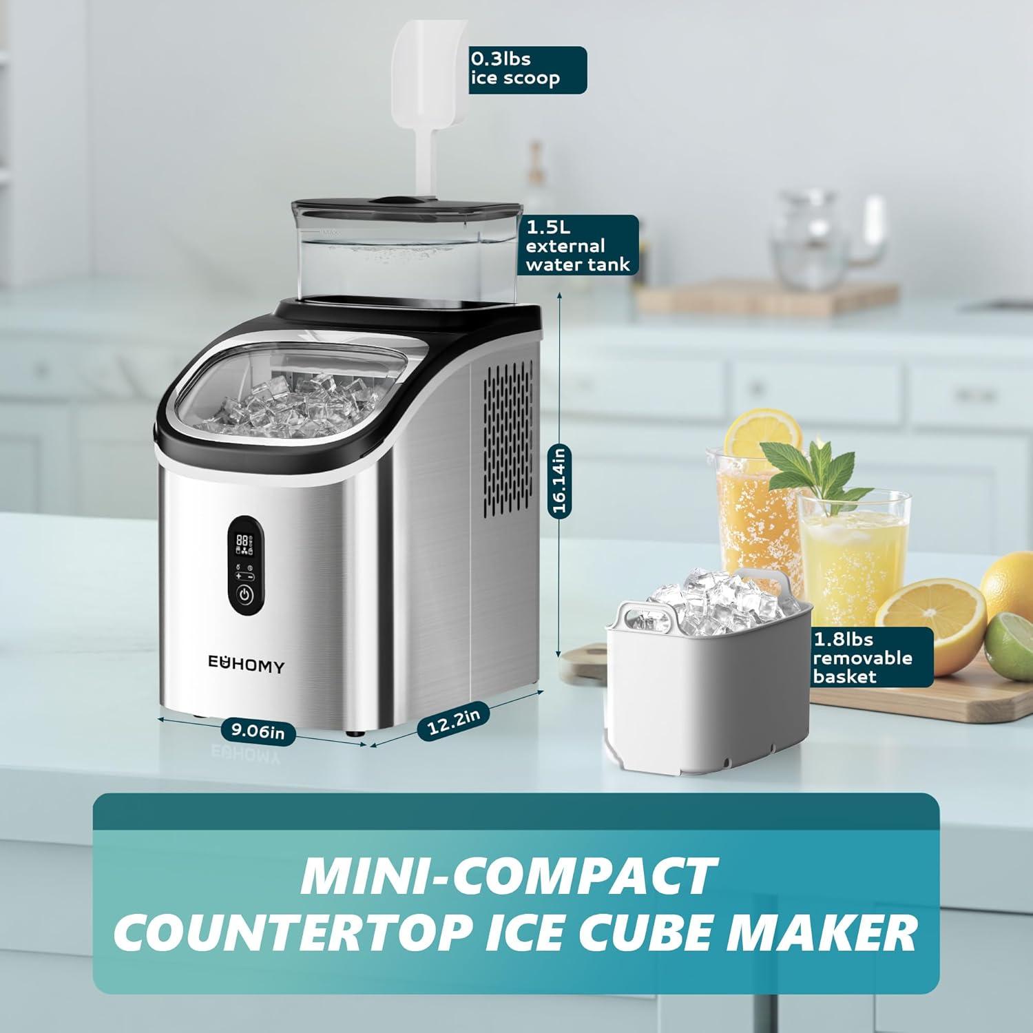 imageEUHOMY Ice Cube Maker Machine Countertop with External Water Tank 34Lbs 16Pcs Ready in 13 Mins 2 Ways to Add Water AutoCleaning with Ice Scoop ampamp Basket for HomeKitchenOfficeBar BlackStainless Steel Silver