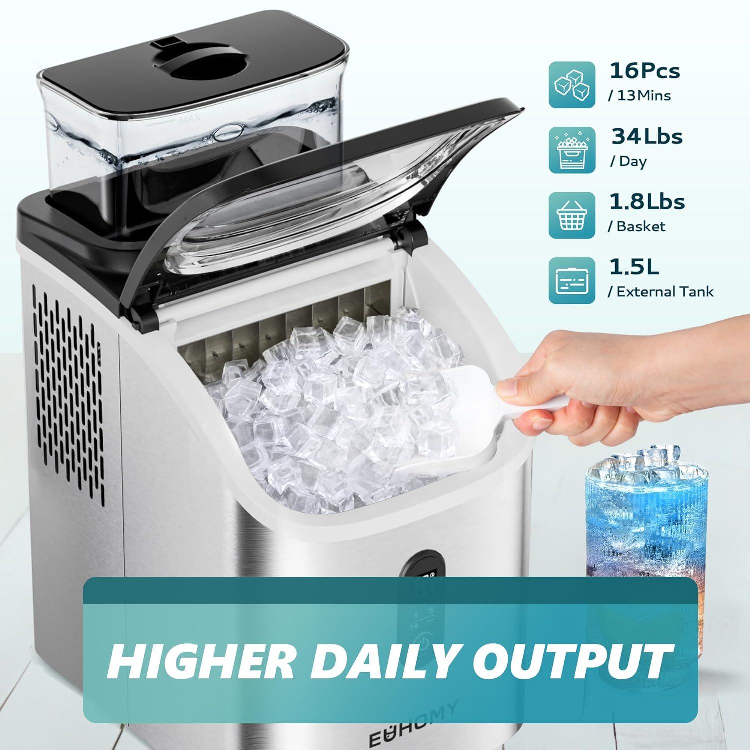 imageEUHOMY Ice Cube Maker Machine Countertop with External Water Tank 34Lbs 16Pcs Ready in 13 Mins 2 Ways to Add Water AutoCleaning with Ice Scoop ampamp Basket for HomeKitchenOfficeBar BlackStainless Steel Silver