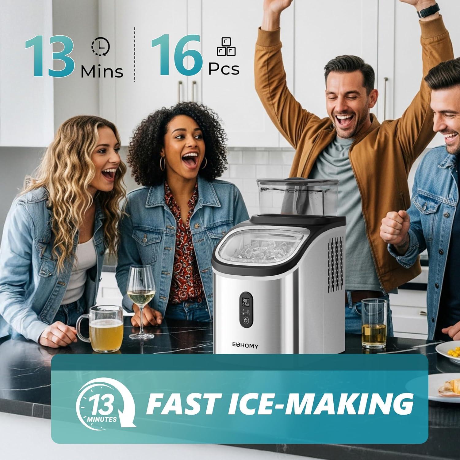 imageEUHOMY Ice Cube Maker Machine Countertop with External Water Tank 34Lbs 16Pcs Ready in 13 Mins 2 Ways to Add Water AutoCleaning with Ice Scoop ampamp Basket for HomeKitchenOfficeBar BlackStainless Steel Silver