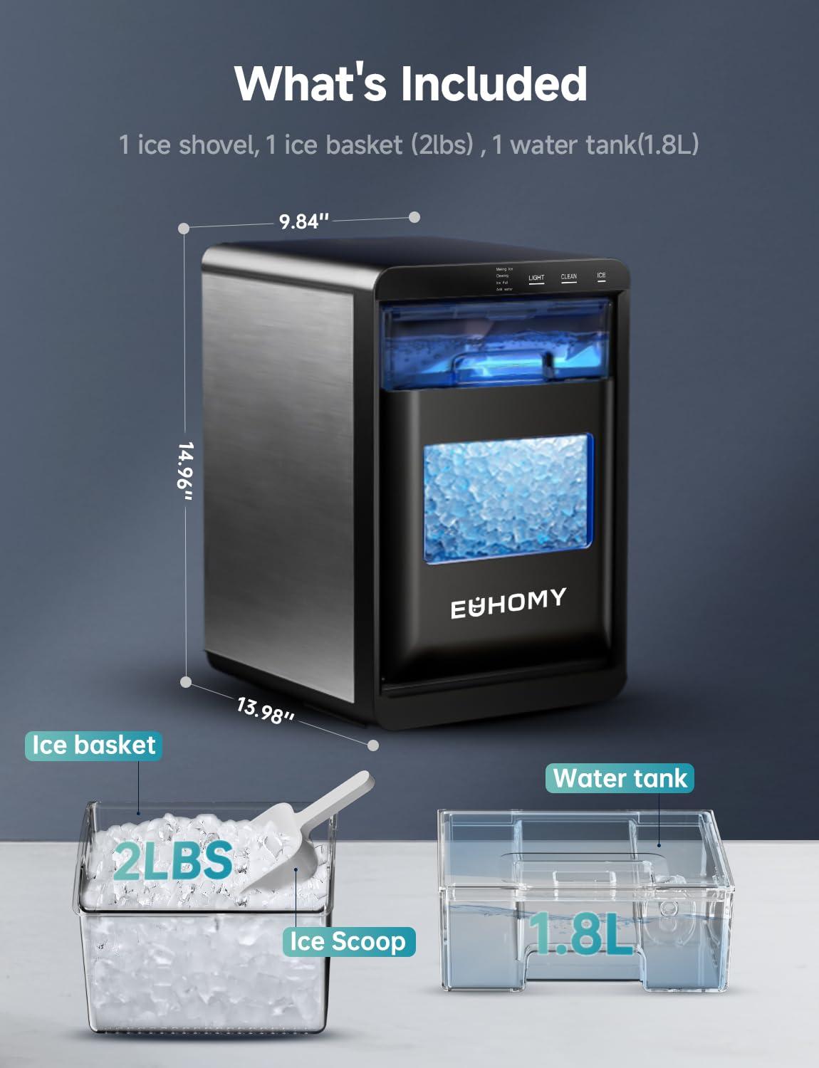 imageEUHOMY Nugget Ice Maker Countertop 44Lbs24H Pebble Ice Maker Machine SelfCleaning Pellet Ice Machine with Ice ScoopampampBasket Sonic Countertop Ice Machine for HomeKitchenOfficeBlackSilver
