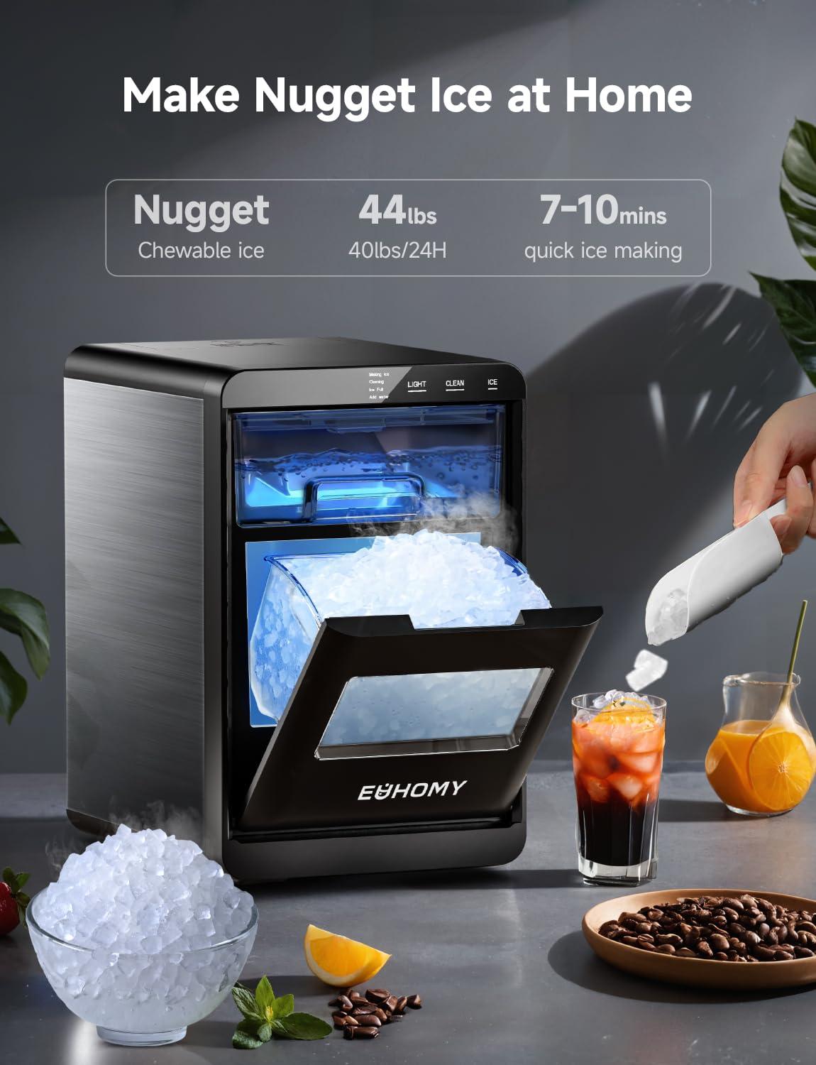 imageEUHOMY Nugget Ice Maker Countertop 44Lbs24H Pebble Ice Maker Machine SelfCleaning Pellet Ice Machine with Ice ScoopampampBasket Sonic Countertop Ice Machine for HomeKitchenOfficeBlackSilver
