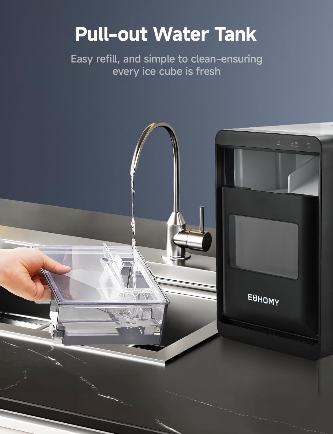 imageEUHOMY Nugget Ice Maker Countertop 44Lbs24H Pebble Ice Maker Machine SelfCleaning Pellet Ice Machine with Ice ScoopampampBasket Sonic Countertop Ice Machine for HomeKitchenOfficeBlackSilver