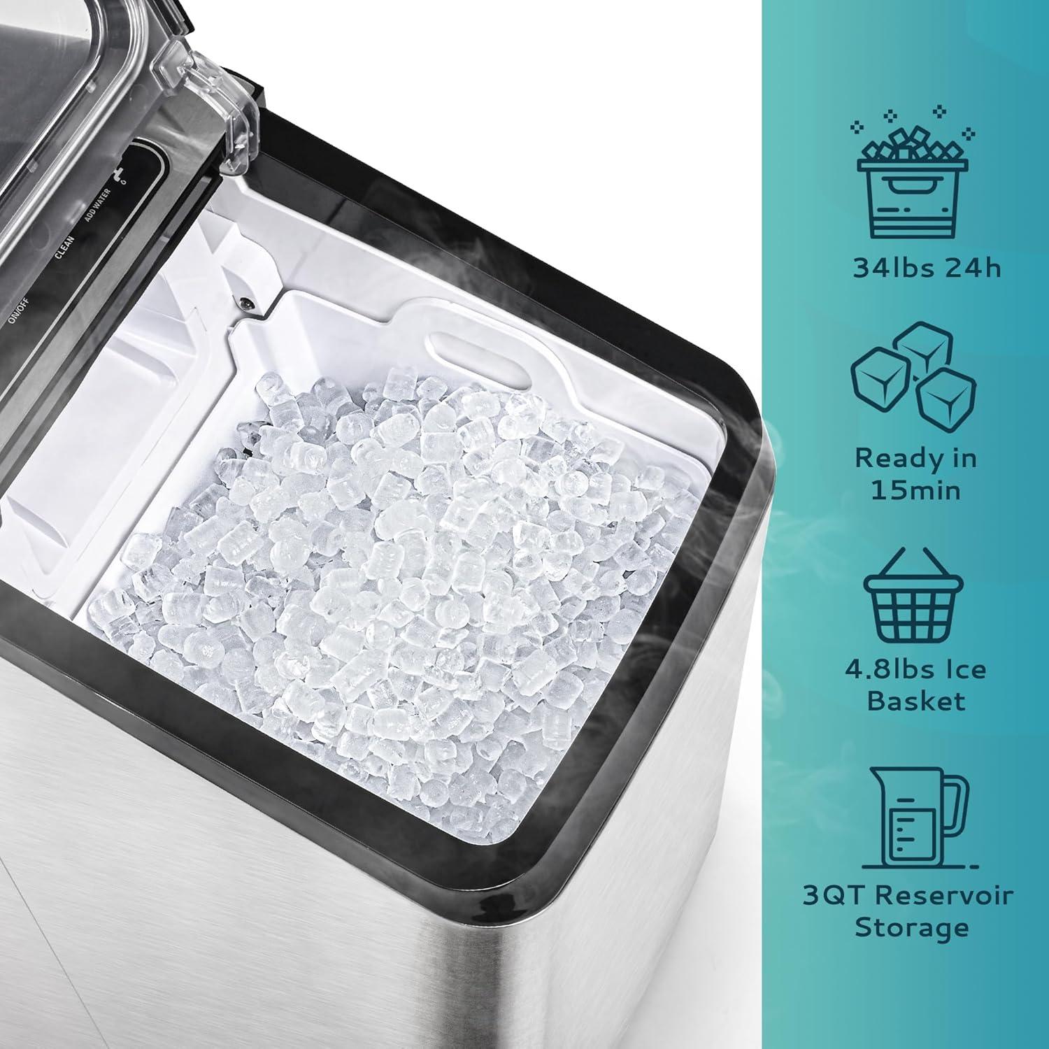 imageEUHOMY Nugget Ice Maker Countertop Max 34lbsDay 2 Way Water Refill SelfCleaning Pebble Ice Maker Machine with 3Qt Reservoir Ideal for Home Office Bar and Party SilverStainless Steel Sliver