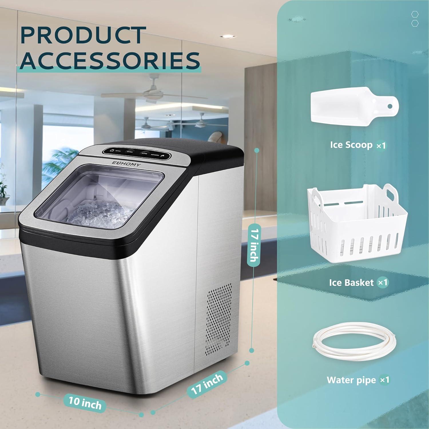 imageEUHOMY Nugget Ice Maker Countertop Max 34lbsDay 2 Way Water Refill SelfCleaning Pebble Ice Maker Machine with 3Qt Reservoir Ideal for Home Office Bar and Party SilverStainless Steel Sliver