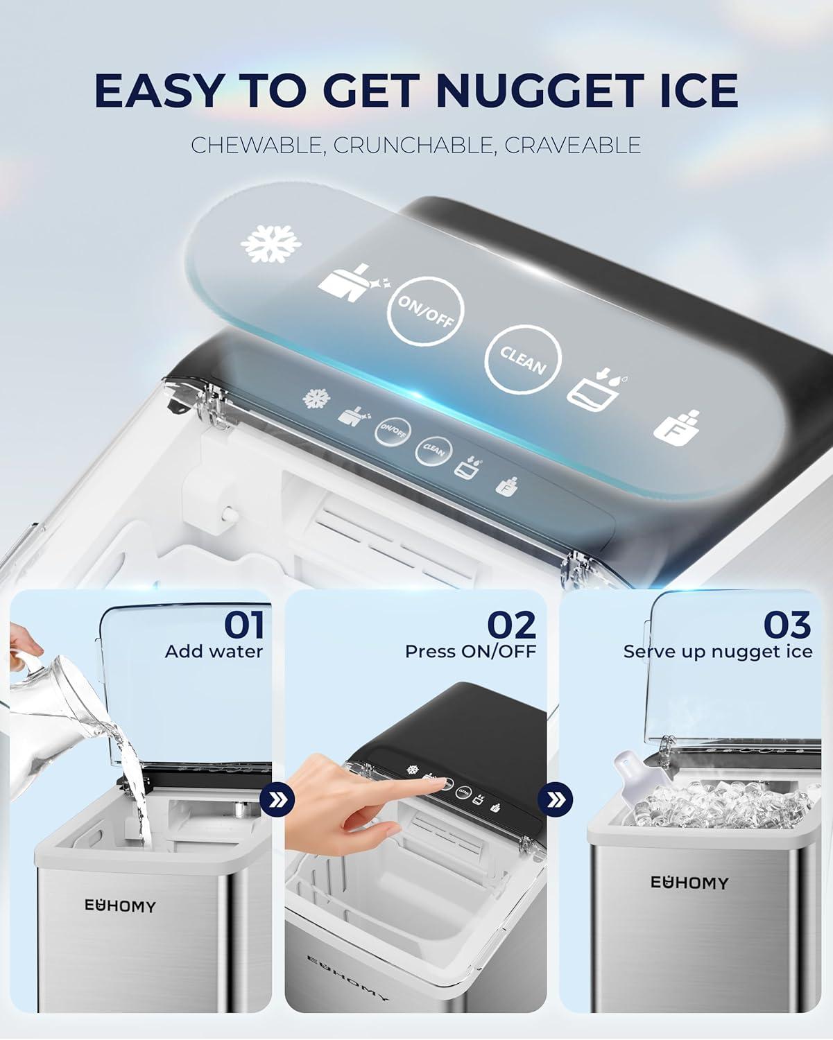 imageEUHOMY Nugget Ice Maker Countertop Max 40lbsDay AutoCleaning 2Qt Reservoir Compact Sonic Ice Maker with 25lbs Basket and Scoop Soft Chewable Nugget Ice for HomePartyRVCamping StainlessSilver