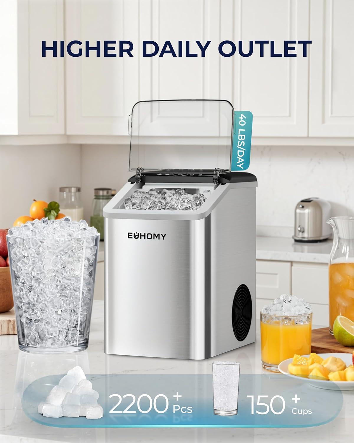 imageEUHOMY Nugget Ice Maker Countertop Max 40lbsDay AutoCleaning 2Qt Reservoir Compact Sonic Ice Maker with 25lbs Basket and Scoop Soft Chewable Nugget Ice for HomePartyRVCamping StainlessSilver