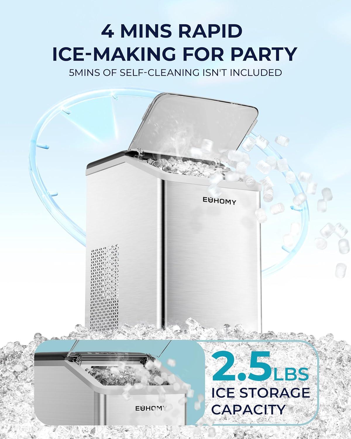 imageEUHOMY Nugget Ice Maker Countertop Max 40lbsDay AutoCleaning 2Qt Reservoir Compact Sonic Ice Maker with 25lbs Basket and Scoop Soft Chewable Nugget Ice for HomePartyRVCamping StainlessSilver