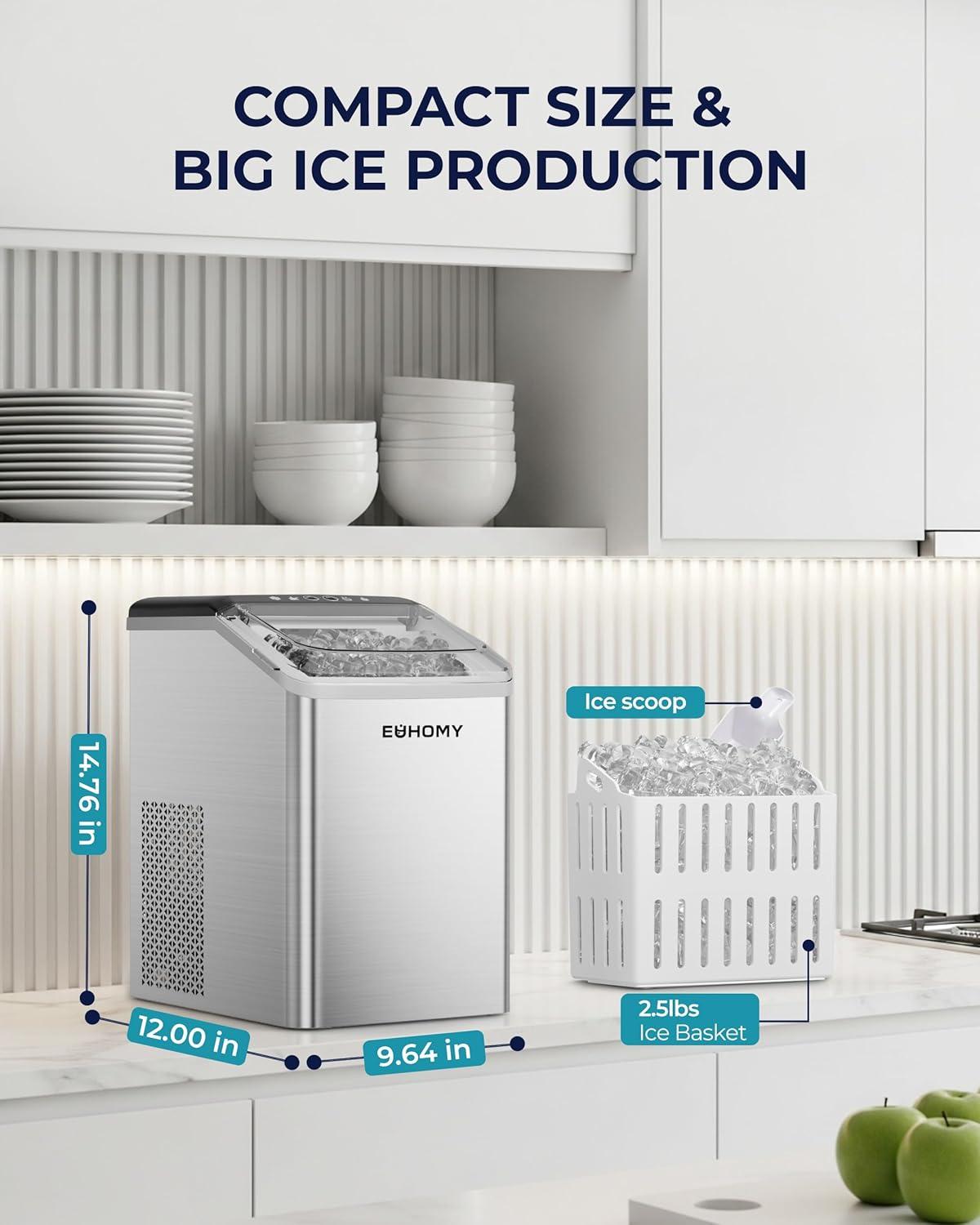 imageEUHOMY Nugget Ice Maker Countertop Max 40lbsDay AutoCleaning 2Qt Reservoir Compact Sonic Ice Maker with 25lbs Basket and Scoop Soft Chewable Nugget Ice for HomePartyRVCamping StainlessSilver