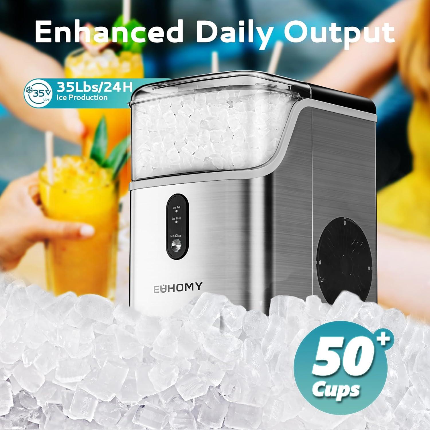 imageEUHOMY Nugget Ice Makers Countertop Pebble Ice Maker Machine with 35lbs24H Soft Ice SelfCleaning Sonic Ice Maker with Ice ScoopampampBasket Pellet Ice Maker for HomeKitchenOfficeStainless SteelsSilver