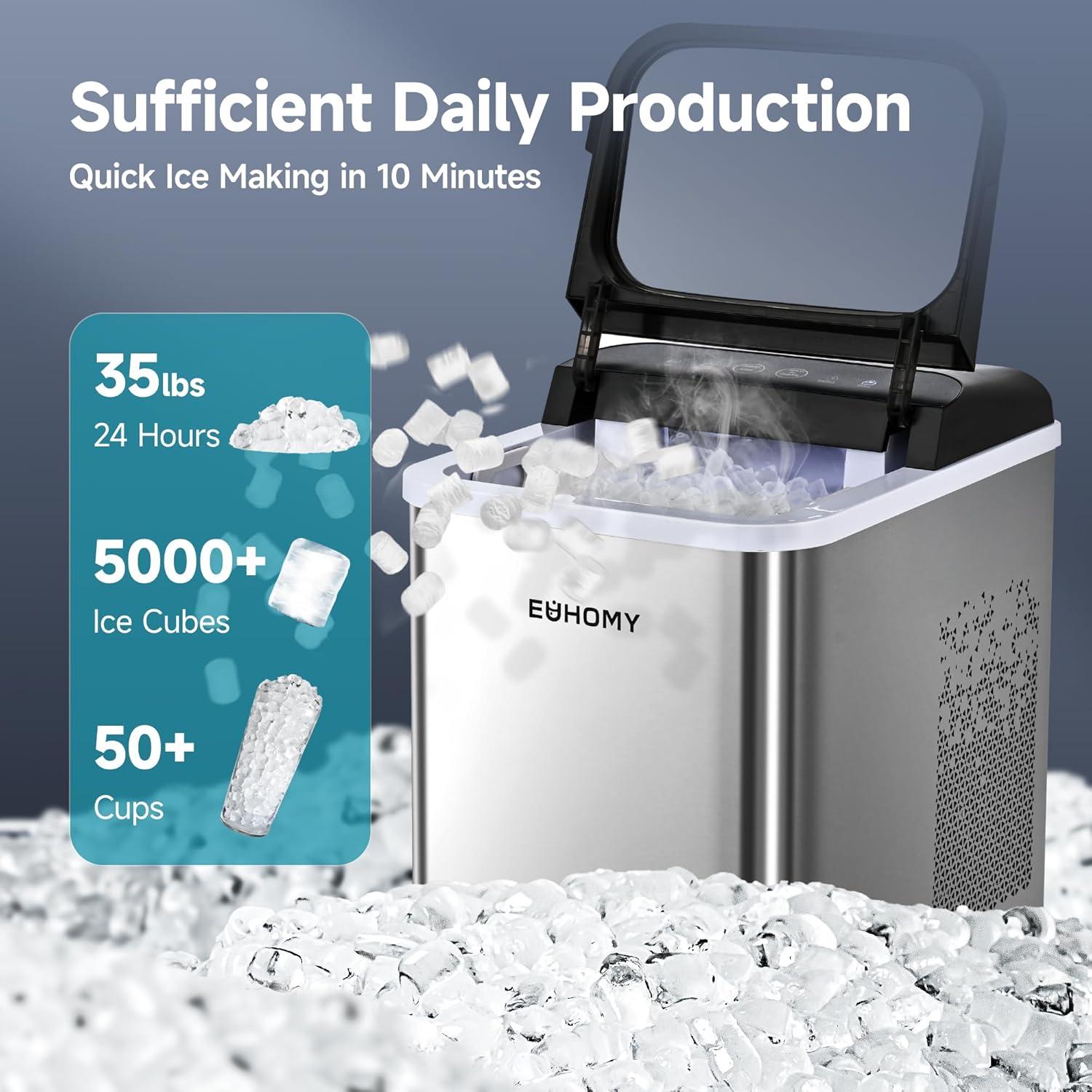 imageEUHOMY Nugget Ice Makers Countertop Ready in 8 Mins 35lbs24H SelfCleaning Portable Ice Maker Machine with Ice Scoop ampamp Basket Sonic Ice Maker with Chewable Pellet Ice for HomePartyRVCampingSilver