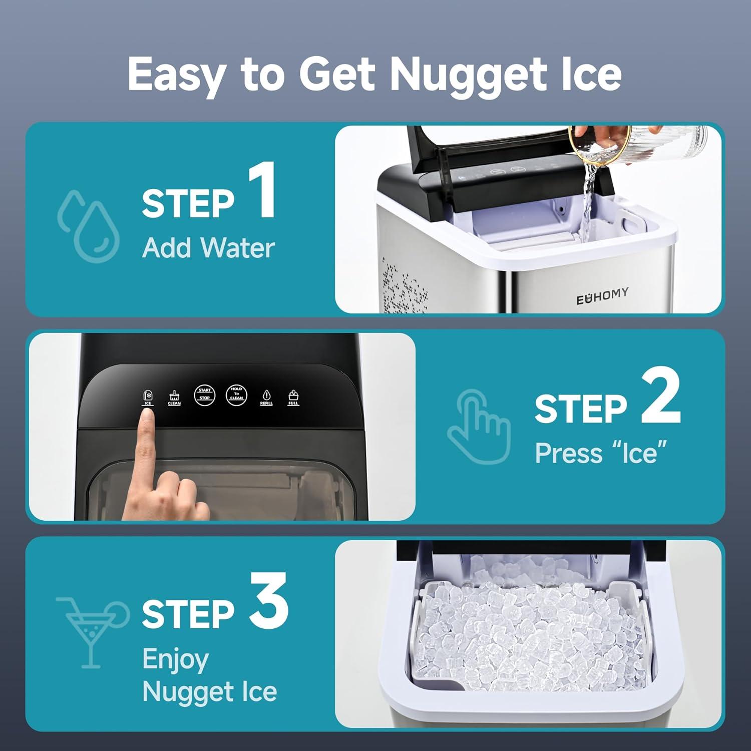imageEUHOMY Nugget Ice Makers Countertop Ready in 8 Mins 35lbs24H SelfCleaning Portable Ice Maker Machine with Ice Scoop ampamp Basket Sonic Ice Maker with Chewable Pellet Ice for HomePartyRVCampingSilver
