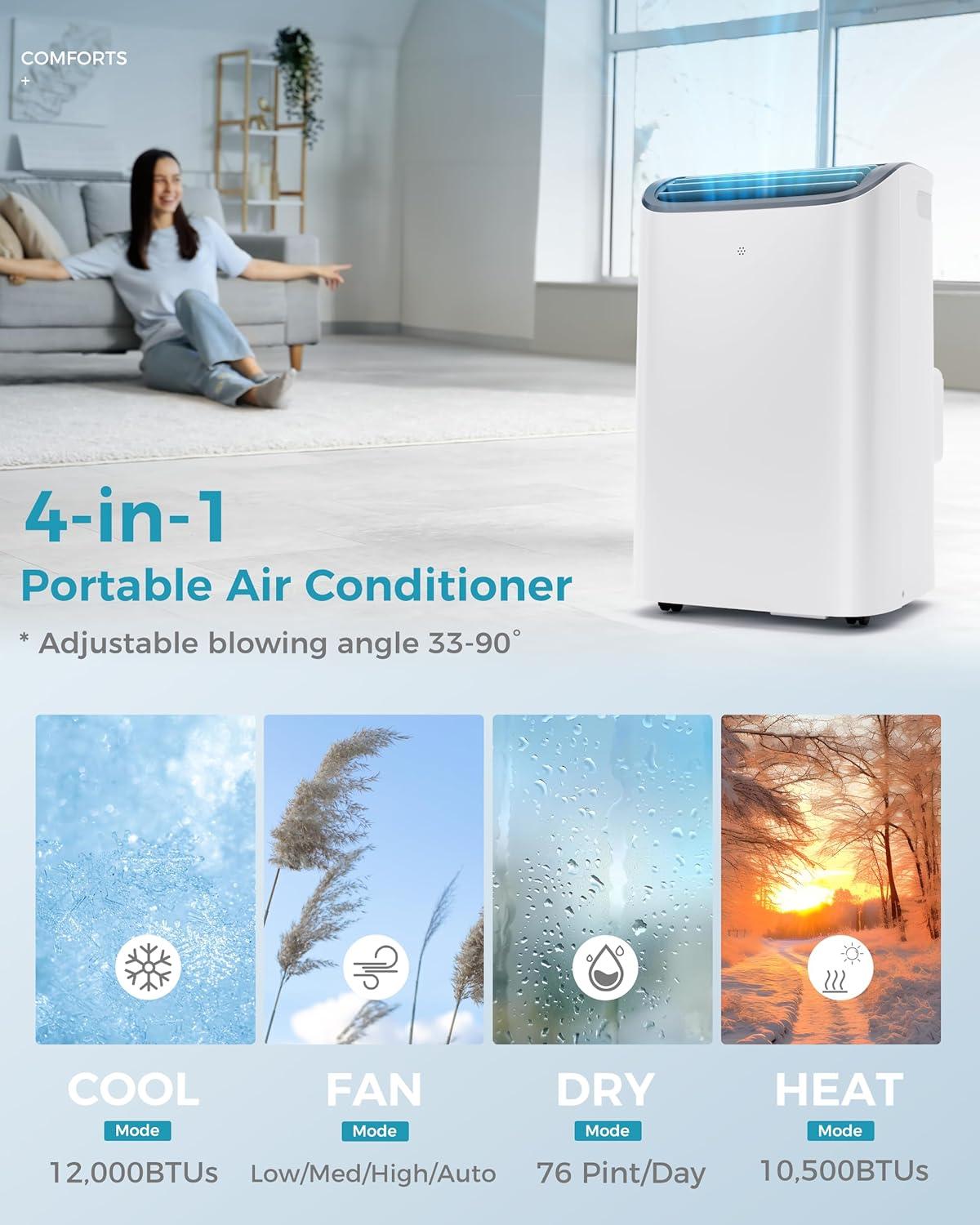 imageEUHOMY Portable Air Conditioners 12000 Btu 3 in 1 Portable Cooling AC with Dehumidifier Fan Modes Standup AC Unit with 46dB Low Noise ampamp 24H Timer Sleep Mode for Bedroom Rooms up to 550 SqFt12 000 BTU with HEAT