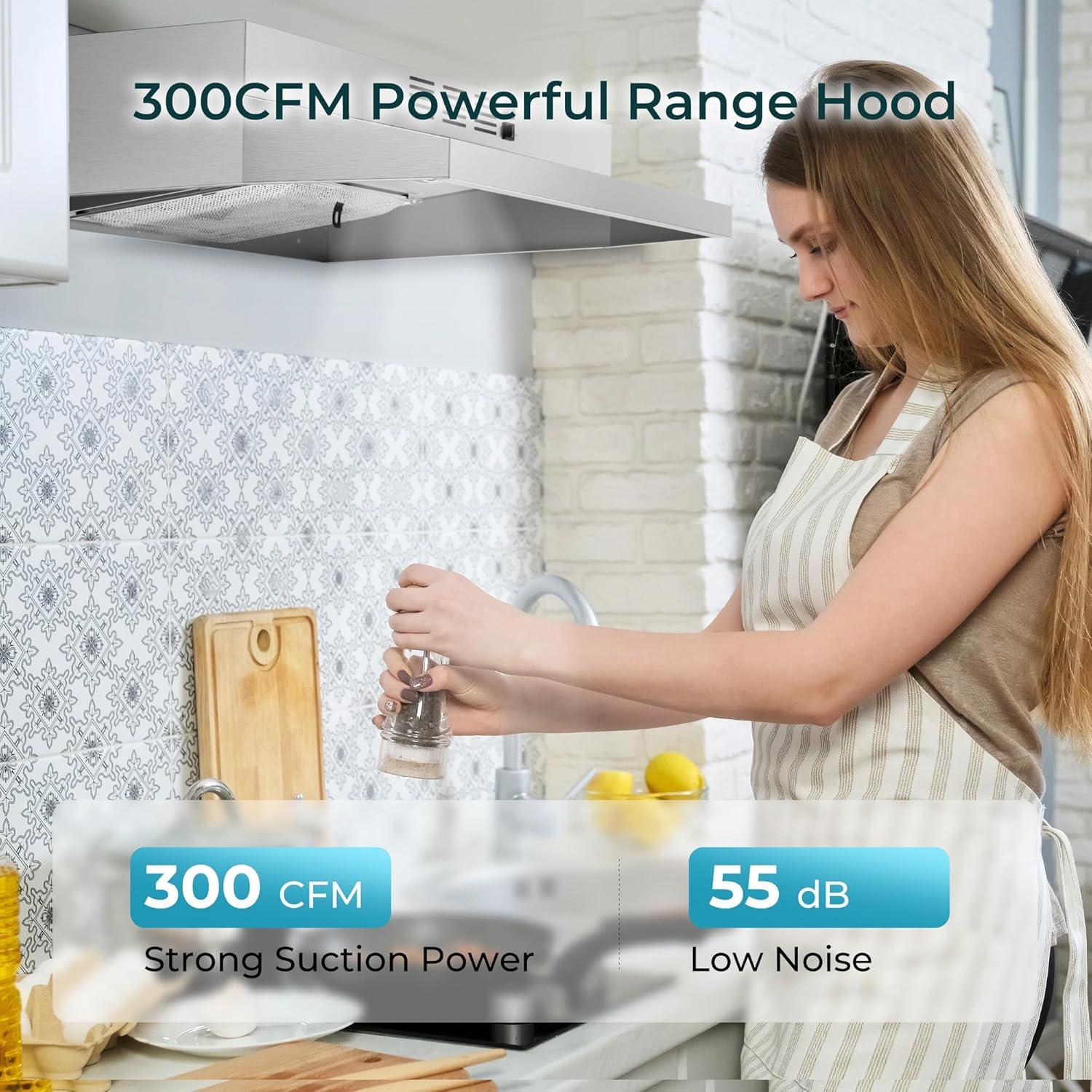 imageEuhomy Ductless Under Cabinet Range Hood 30 inch with 2 Speed Exhaust Fan Kitchen Wall Mount Range Hood 300 CFM with 2W LED Light Vent Hood with Washable Filter Stainless SteelUnder Cabinet  2 Speed