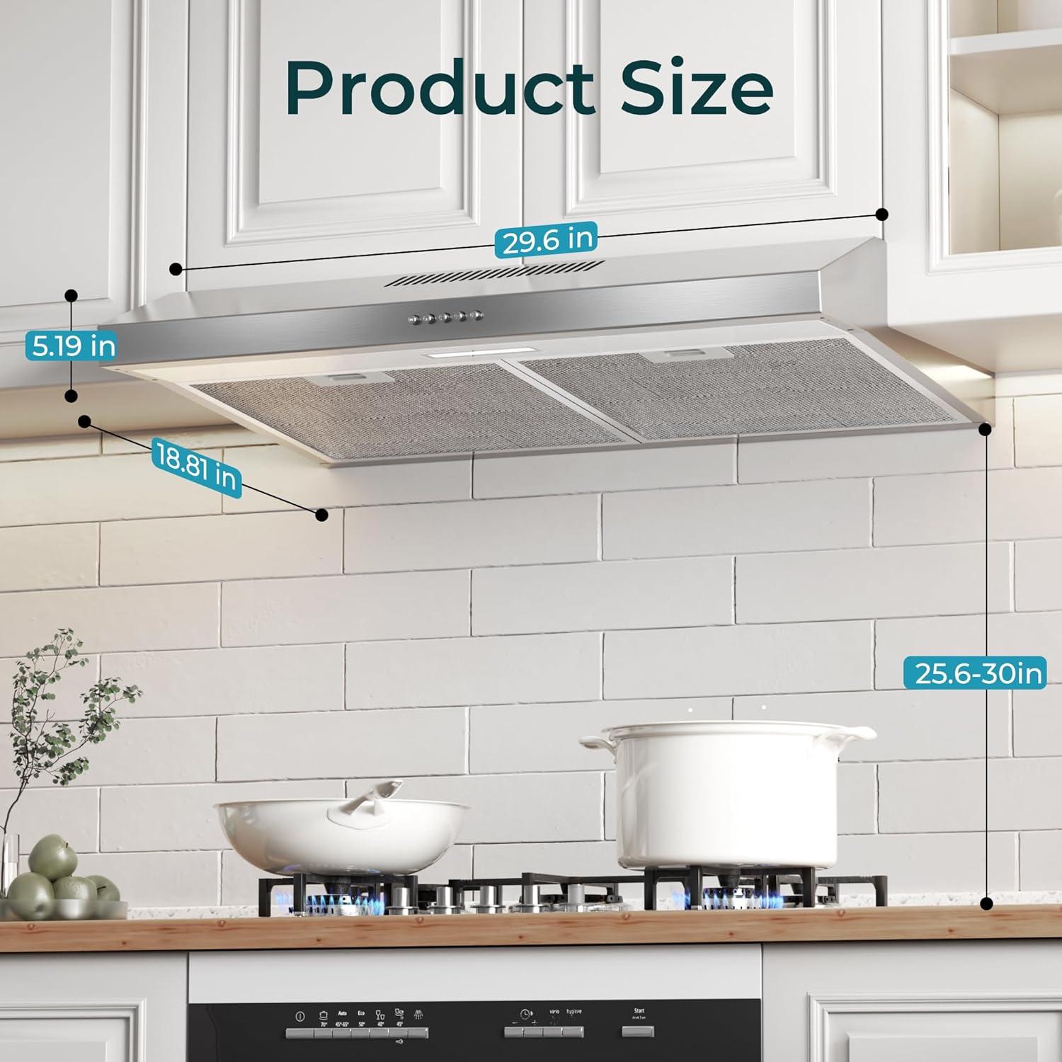 imageEuhomy Ductless Under Cabinet Range Hood 30 inch with 2 Speed Exhaust Fan Kitchen Wall Mount Range Hood 300 CFM with 2W LED Light Vent Hood with Washable Filter Stainless SteelUnder Cabinet  3 Speed