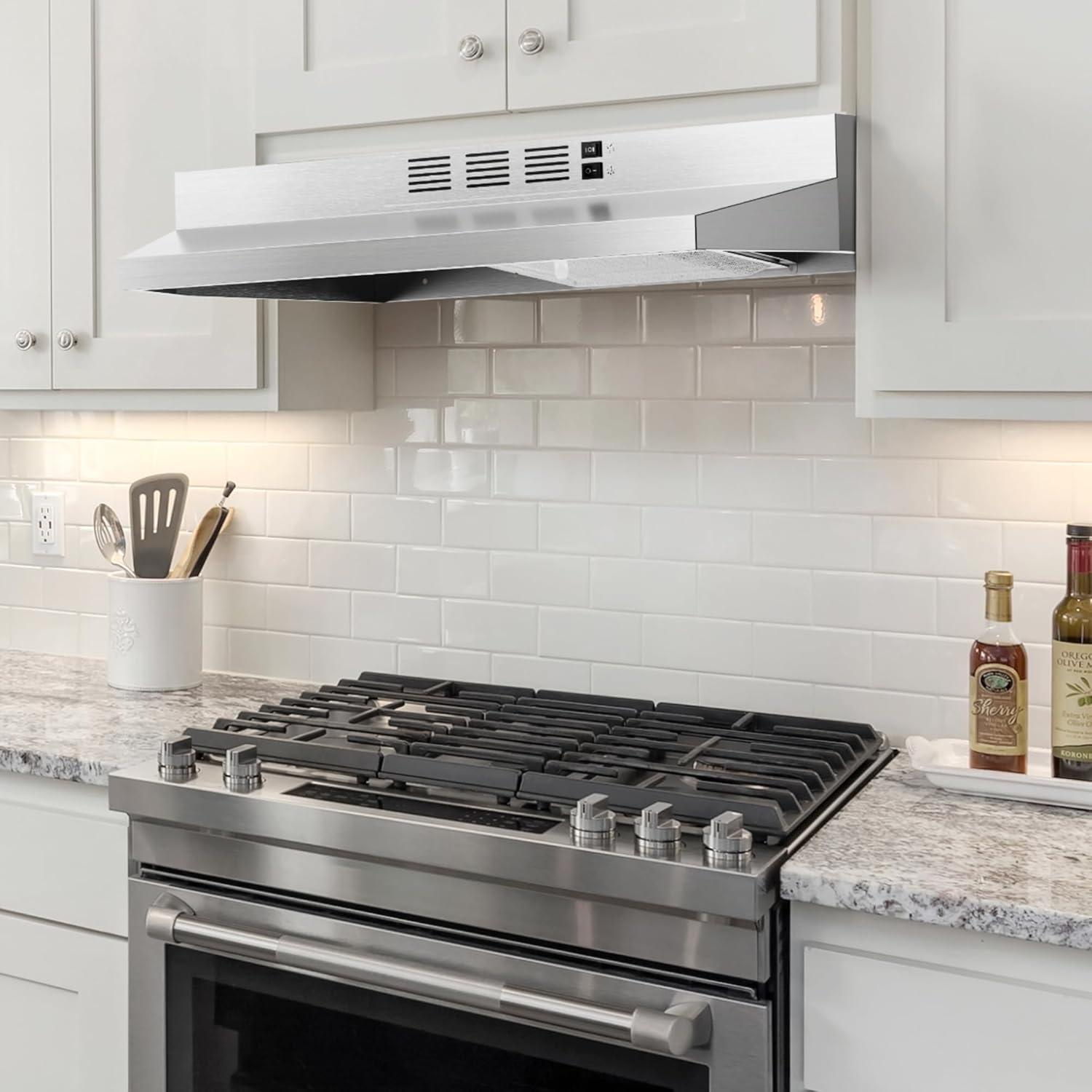 imageEuhomy Ductless Under Cabinet Range Hood 30 inch with 2 Speed Exhaust Fan Kitchen Wall Mount Range Hood 300 CFM with 2W LED Light Vent Hood with Washable Filter Stainless SteelUnder Cabinet  2 Speed