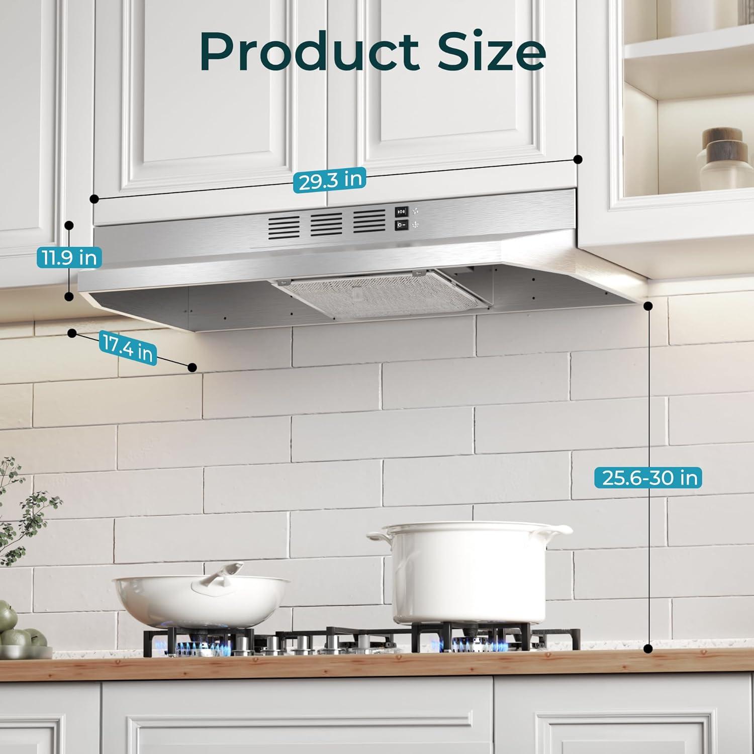 imageEuhomy Ductless Under Cabinet Range Hood 30 inch with 2 Speed Exhaust Fan Kitchen Wall Mount Range Hood 300 CFM with 2W LED Light Vent Hood with Washable Filter Stainless SteelUnder Cabinet  2 Speed