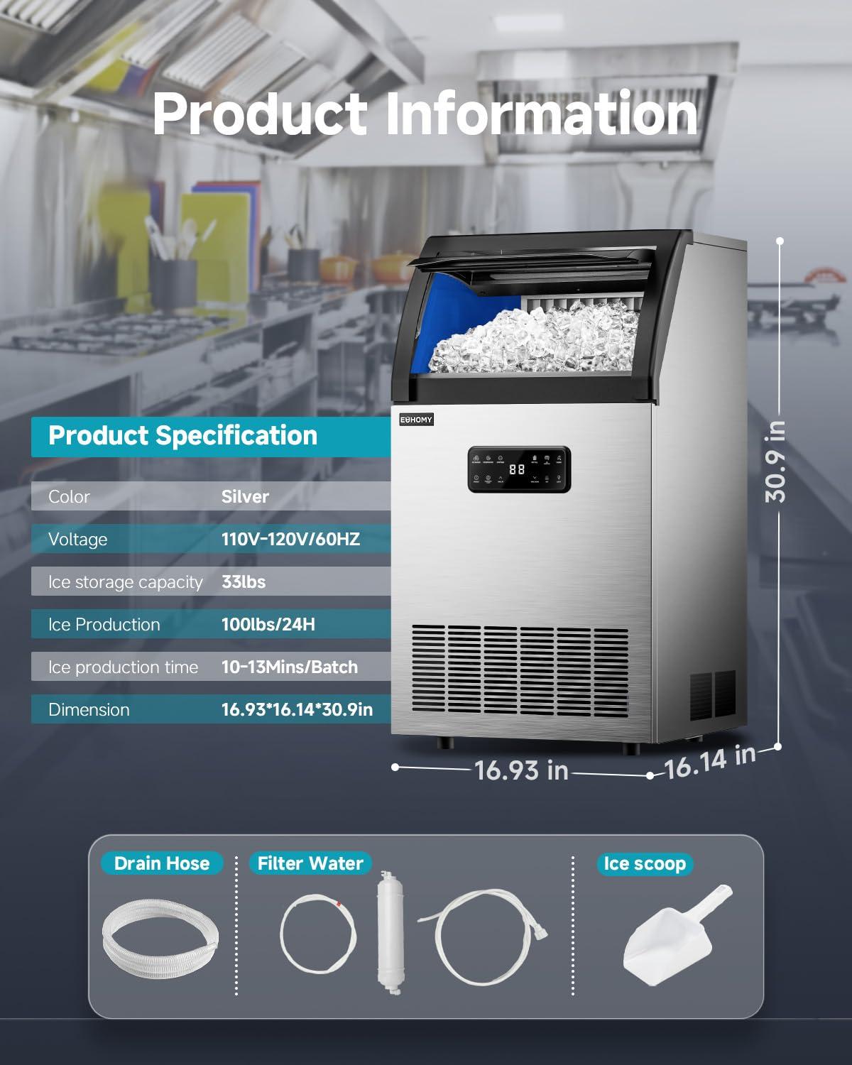 imageEUHOMY Commercial Ice Maker100lbs24HStainless Steel Under Counter Ice Machine with Water Filter33lbs Storage Capacity 45 Cubes in 812 Mins Freestanding Ice Machine for HomeBarCafeRestaurant100lbsday