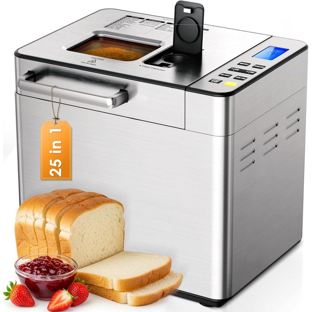 imageEUHOMY Bread Maker Machine 2LB Bread Maker for 3 Loaf Sizes ampamp 3 Crust Colors  Ideal for Family Gifts Breadmaker with Stainless Steel and Fruit ampamp Nut Dispenser Gluten FreeBread Maker 25 Programs