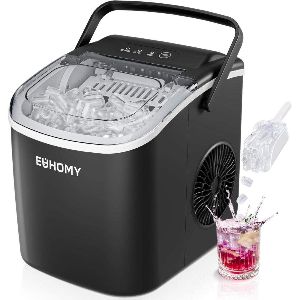 imageEUHOMY Countertop Ice Maker Machine with Handle 26lbs in 24Hrs 9 Ice Cubes Ready in 6 Mins AutoCleaning Portable Ice Maker with Basket and Scoop for HomeKitchenCampingRV BlackBlack
