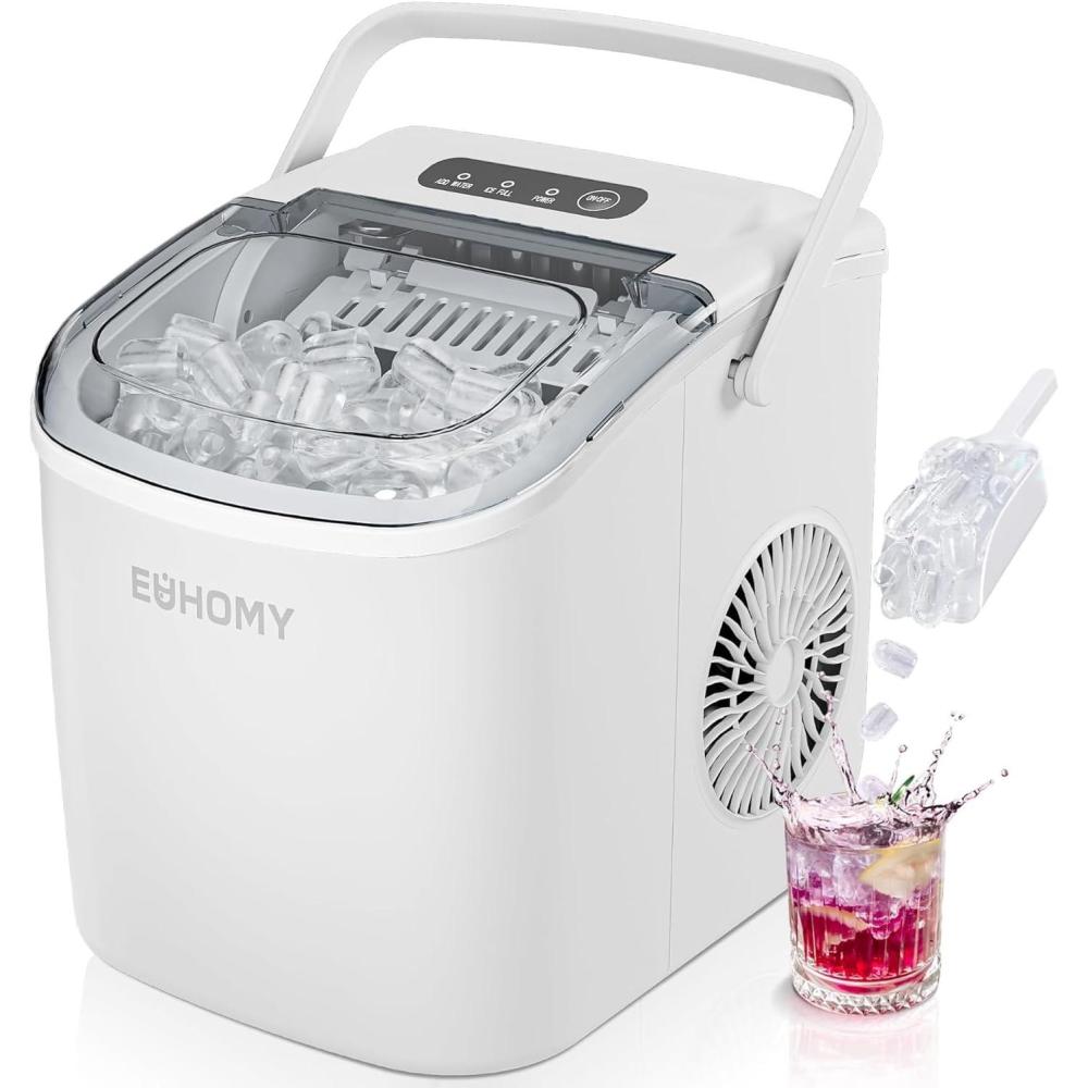 imageEUHOMY Countertop Ice Maker Machine with Handle 26lbs in 24Hrs 9 Ice Cubes Ready in 6 Mins AutoCleaning Portable Ice Maker with Basket and Scoop for HomeKitchenCampingRV BlackWhite