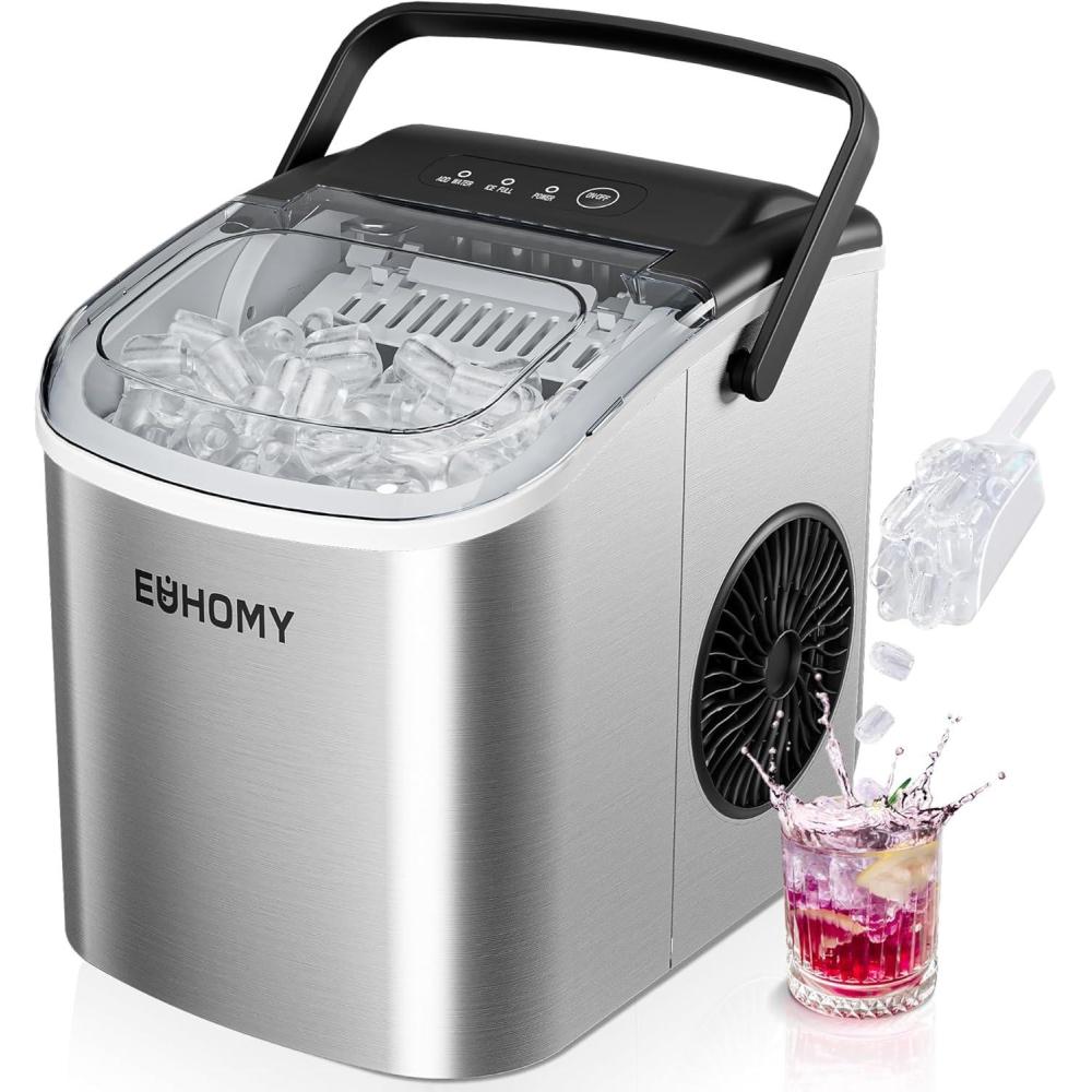 imageEUHOMY Countertop Ice Maker Machine with Handle 26lbs in 24Hrs 9 Ice Cubes Ready in 6 Mins AutoCleaning Portable Ice Maker with Basket and Scoop for HomeKitchenCampingRV BlackLight Grey