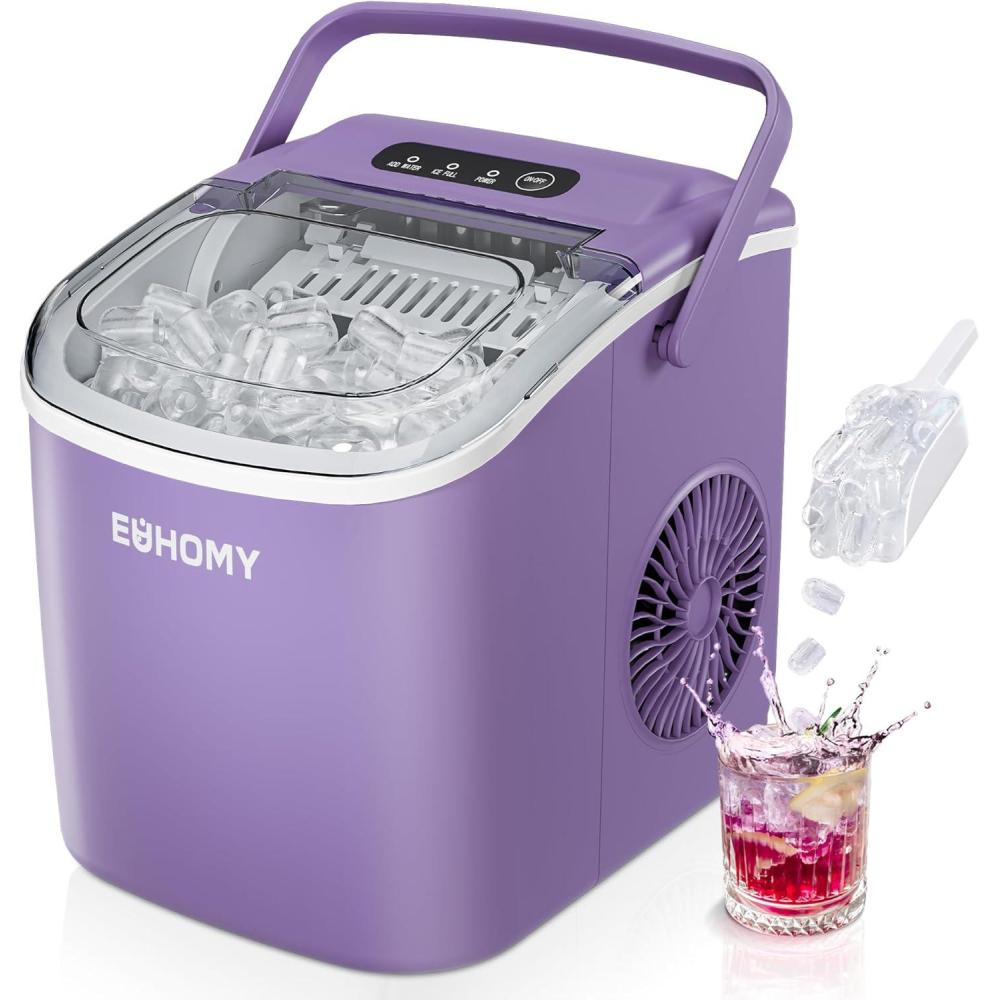 imageEUHOMY Countertop Ice Maker Machine with Handle 26lbs in 24Hrs 9 Ice Cubes Ready in 6 Mins AutoCleaning Portable Ice Maker with Basket and Scoop for HomeKitchenCampingRV BlackPurple