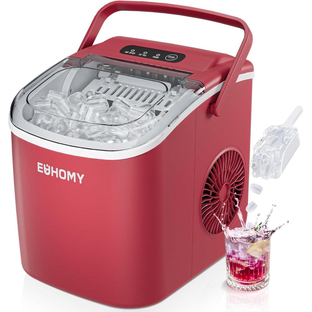 imageEUHOMY Countertop Ice Maker Machine with Handle 26lbs in 24Hrs 9 Ice Cubes Ready in 6 Mins AutoCleaning Portable Ice Maker with Basket and Scoop for HomeKitchenCampingRV BlackRed