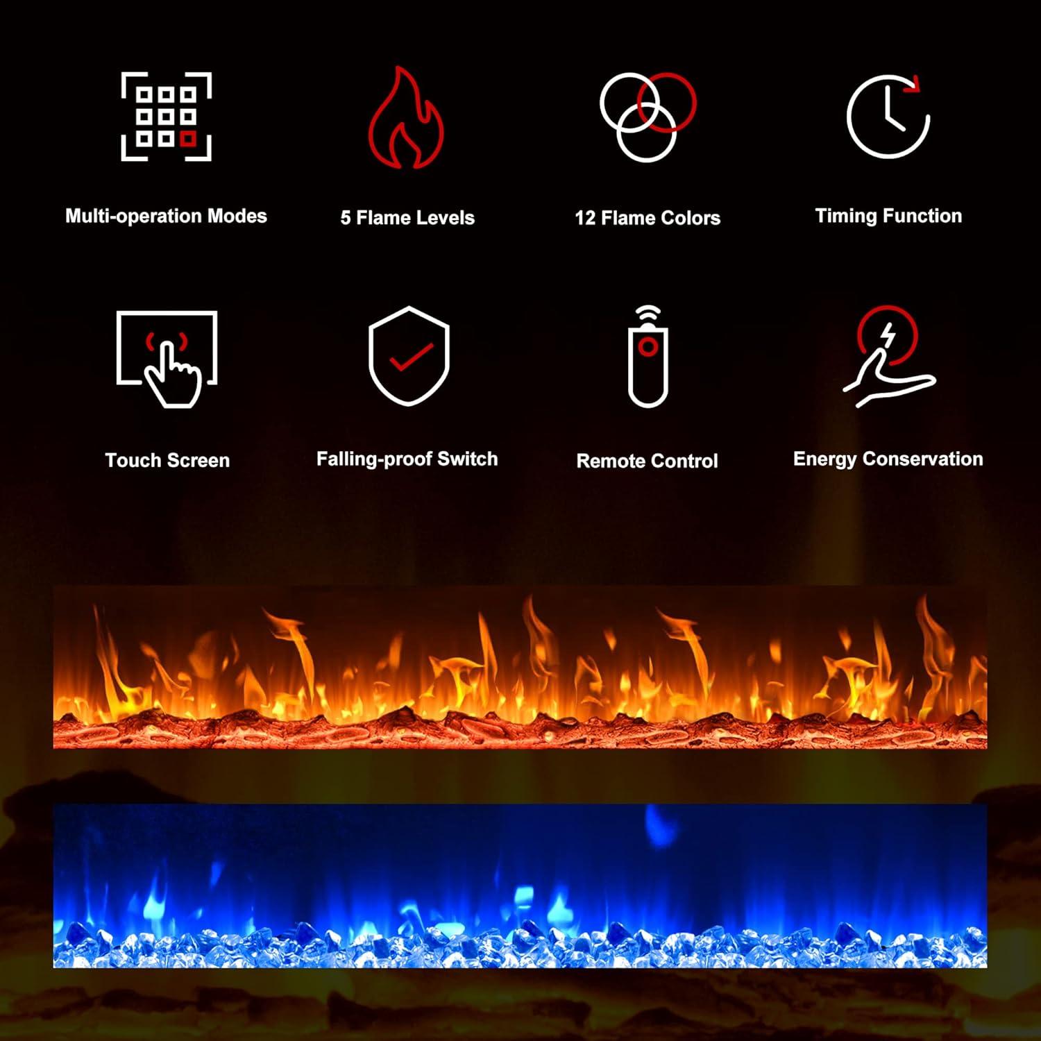 imageEUHOMY 50 Inch Electric Fireplace Wall Recessed and Wall Mounted with Adjustable Flame Color Fireplace Heater with Remote Control Linear Fireplace with Timer Touch Screen Log ampamp Crystal 7501500W20Inch