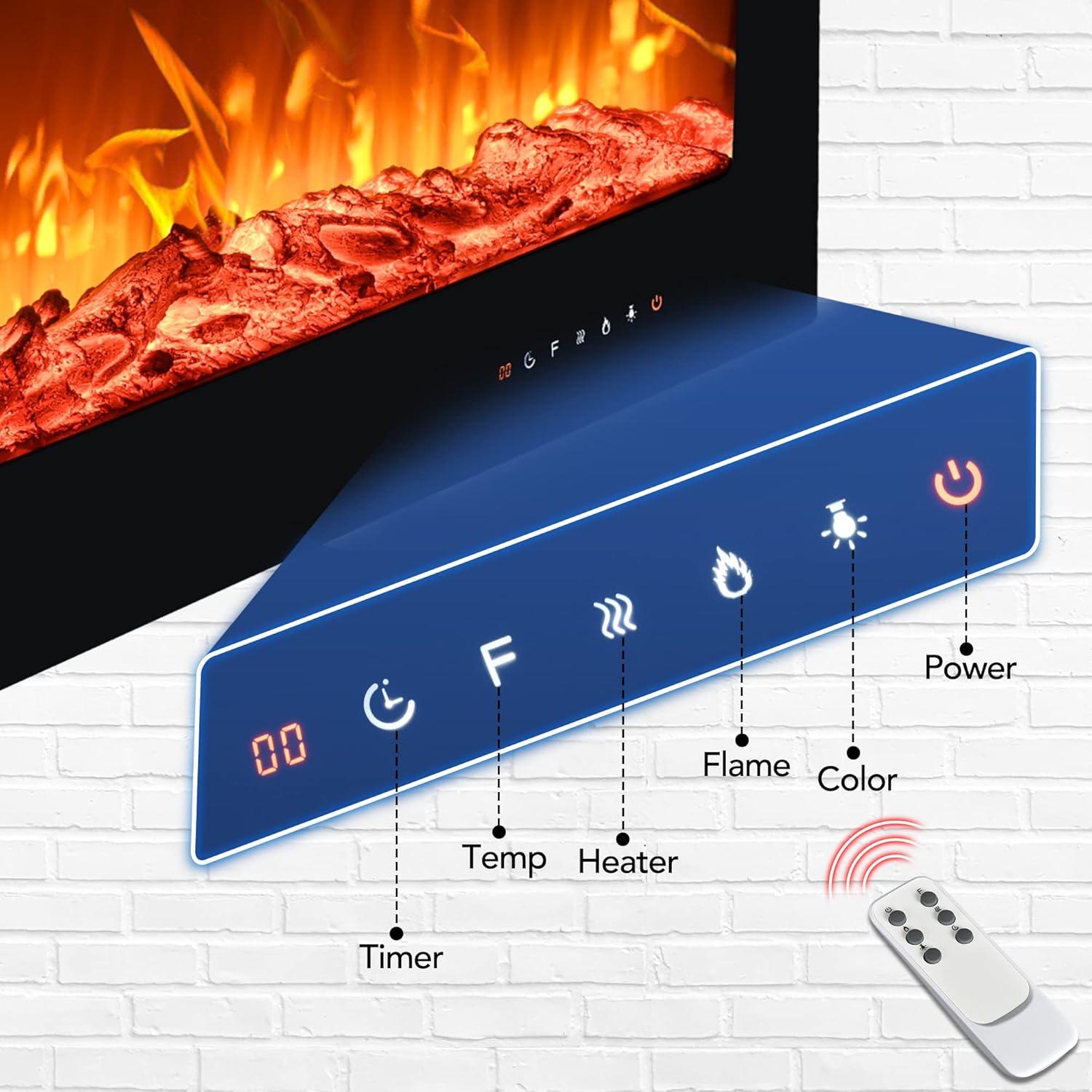 imageEUHOMY 50 Inch Electric Fireplace Wall Recessed and Wall Mounted with Adjustable Flame Color Fireplace Heater with Remote Control Linear Fireplace with Timer Touch Screen Log ampamp Crystal 7501500W20Inch