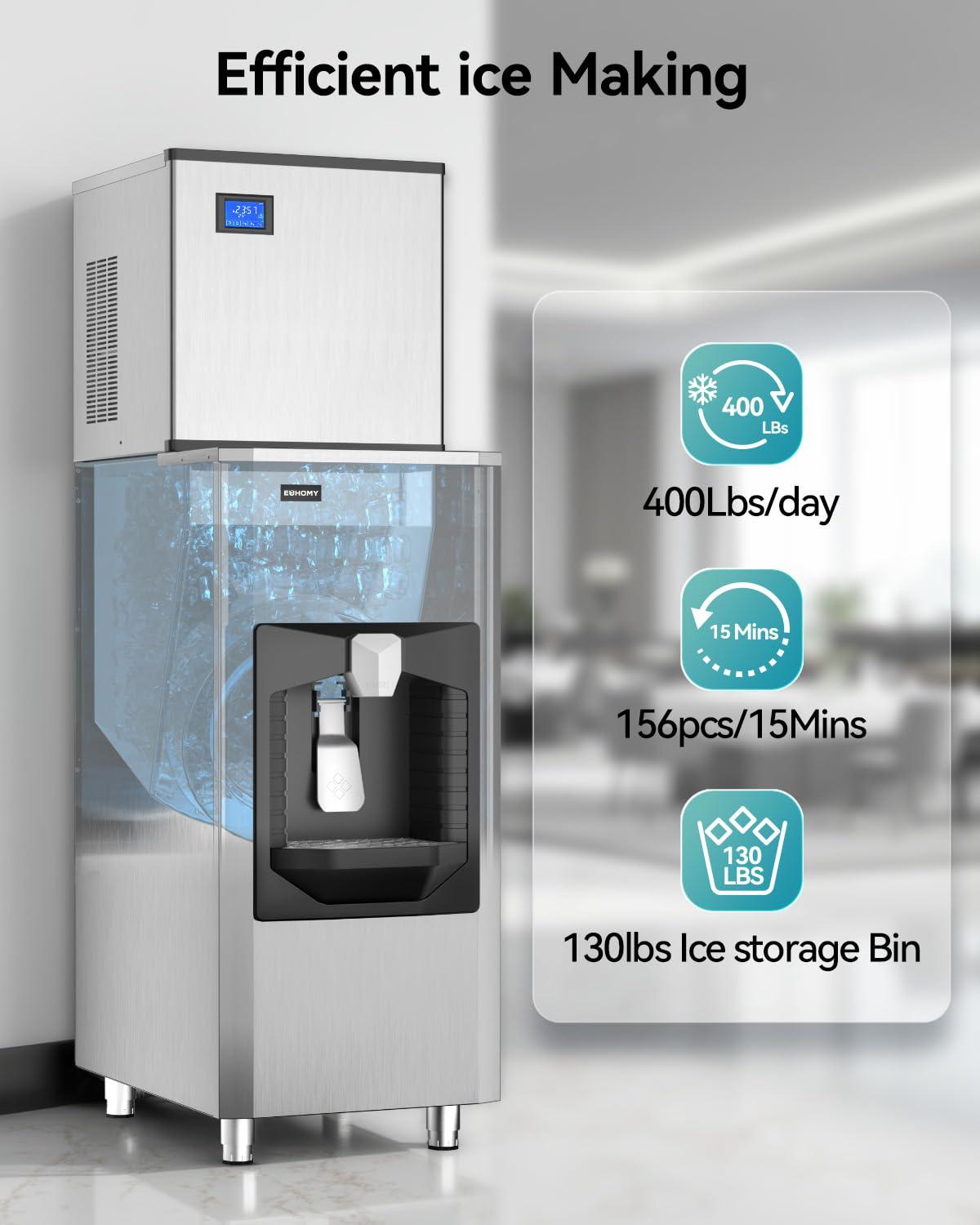 imageEUHOMY Commercial Ice Maker Machine 400Lb24H Ice Ready in 1015 minSECOP Compressor Industrial Ice Machine with 130Lbs Automatic Ice Bin Dispenser Ice Maker Machine for HotelRestaurantBusiness400lbsday
