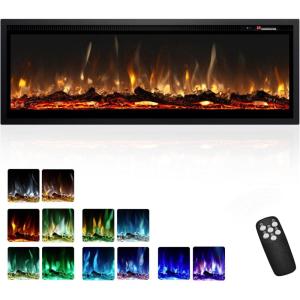 imageEUHOMY 50 Inch Electric Fireplace Wall Recessed and Wall Mounted with Adjustable Flame Color Fireplace Heater with Remote Control Linear Fireplace with Timer Touch Screen Log ampamp Crystal 7501500WUltrathin 50 Inch